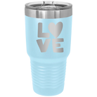 Laser etched light blue 30 oz vacuum insulated tumbler with 'Love' design