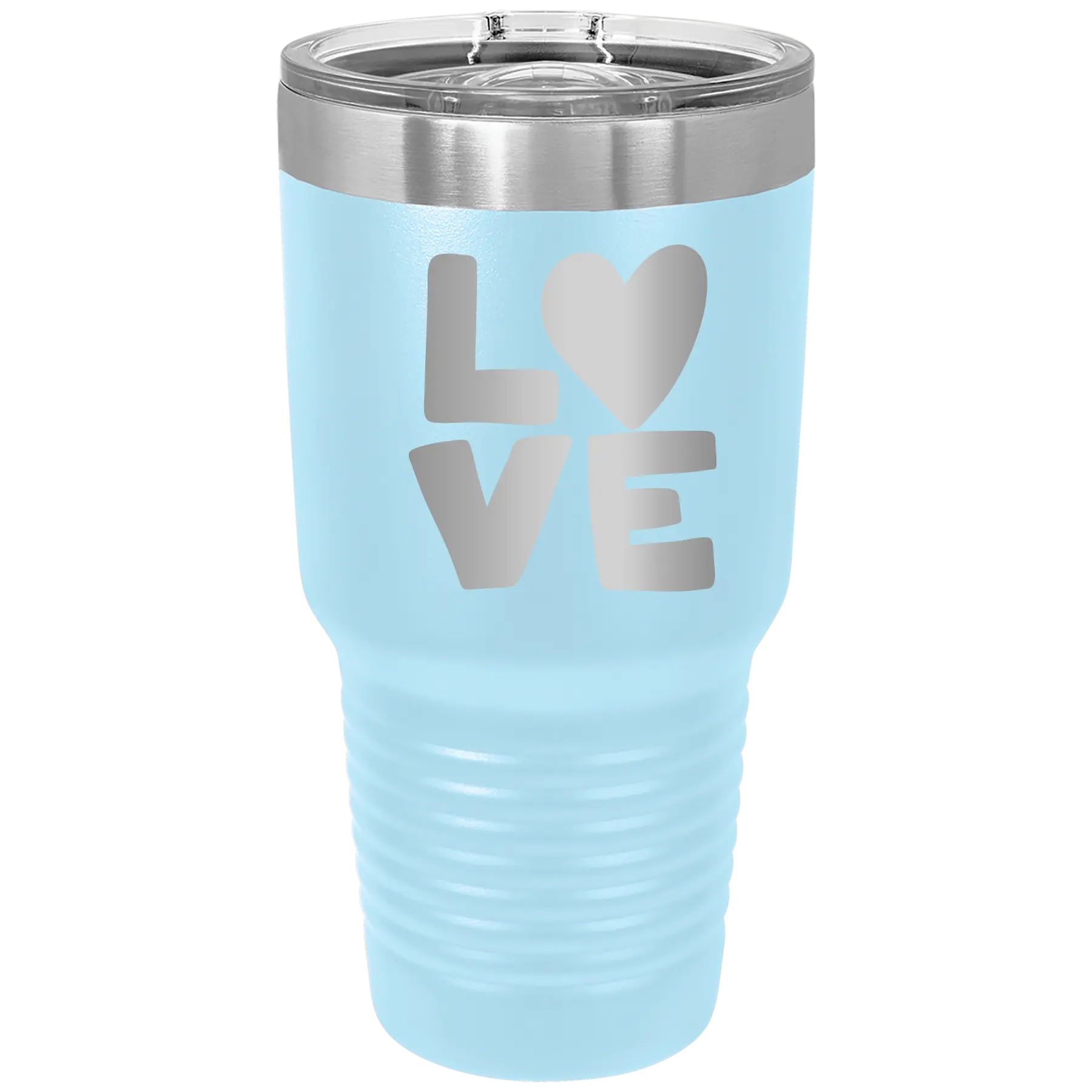 Laser etched light blue 30 oz vacuum insulated tumbler with 'Love' design
