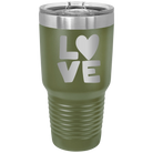 Laser etched olive green 30 oz vacuum insulated tumbler with 'Love' design