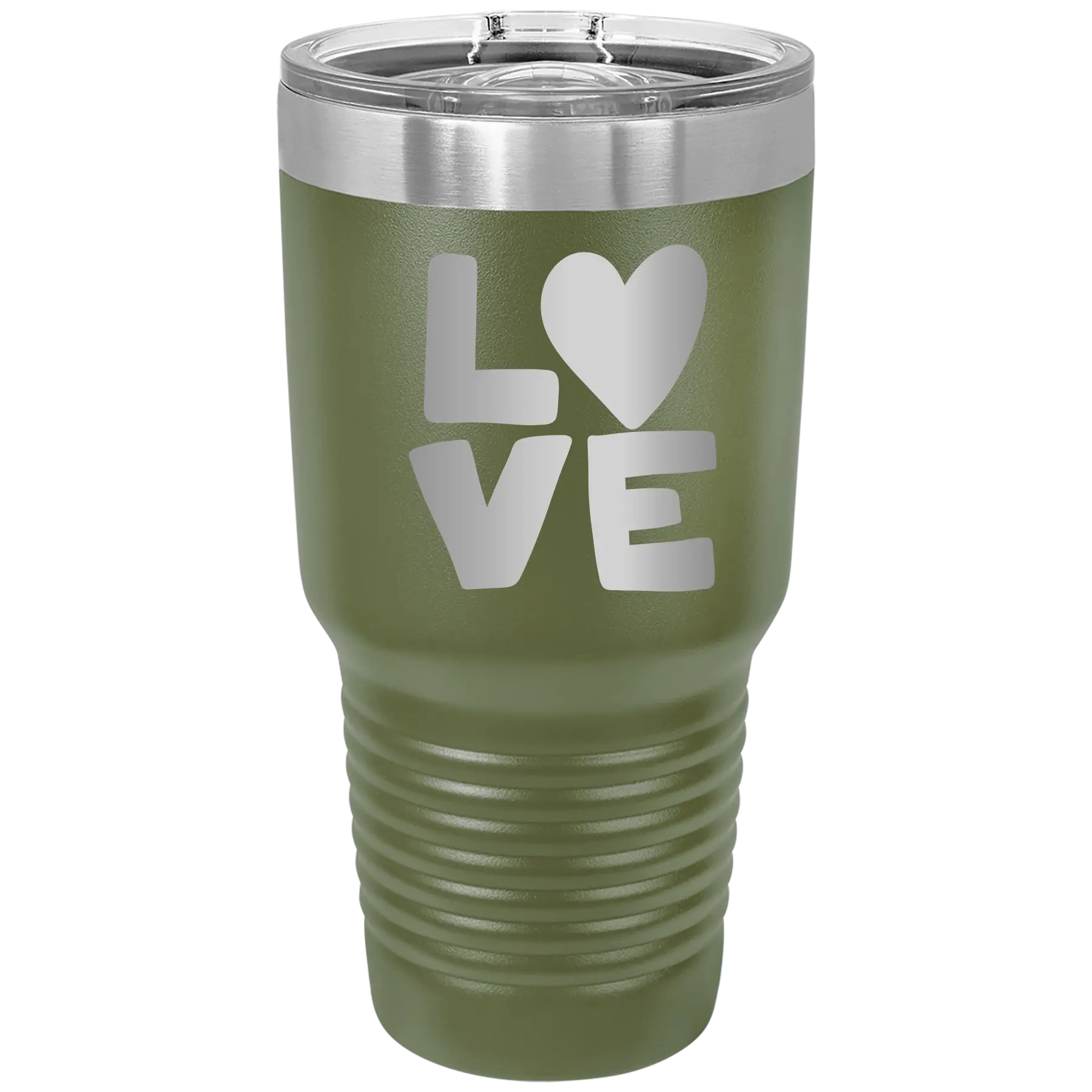 Laser etched olive green 30 oz vacuum insulated tumbler with 'Love' design
