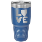 Laser etched royal blue 30 oz vacuum insulated tumbler with 'Love' design