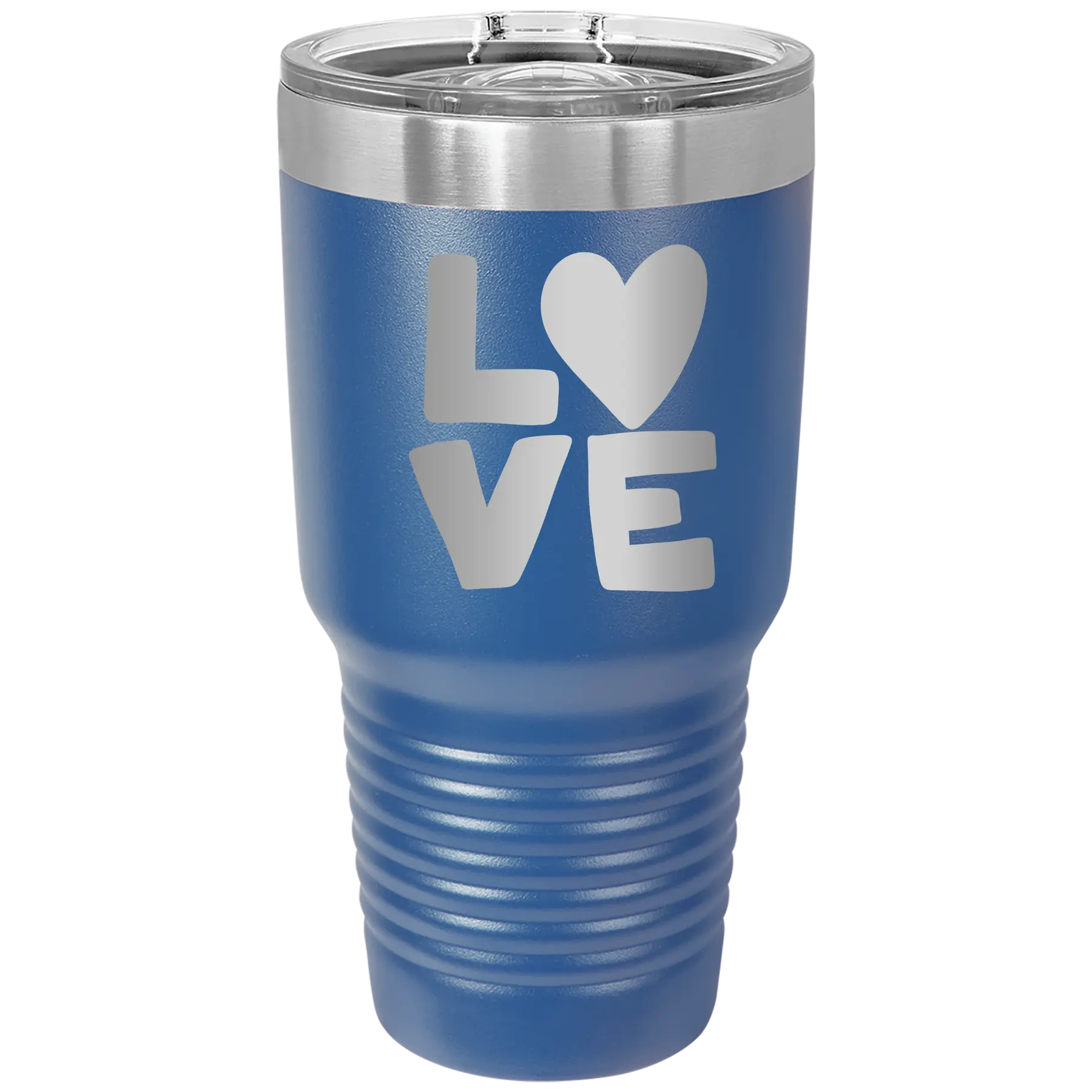 Laser etched royal blue 30 oz vacuum insulated tumbler with 'Love' design