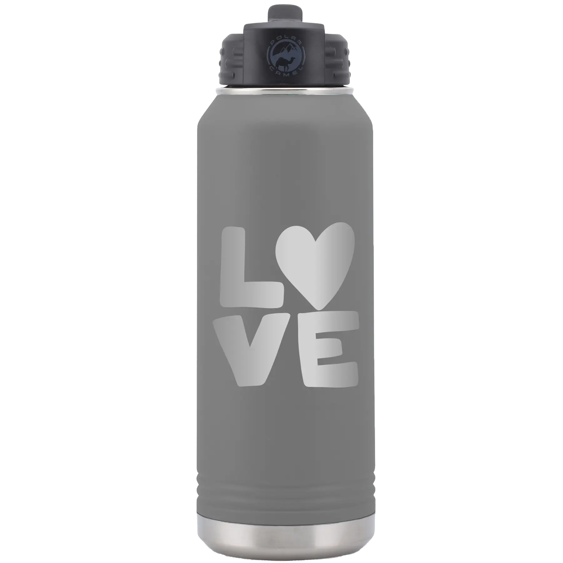 Laser etched dark gray 32 oz vacuum insulated water bottle with 'Love' design