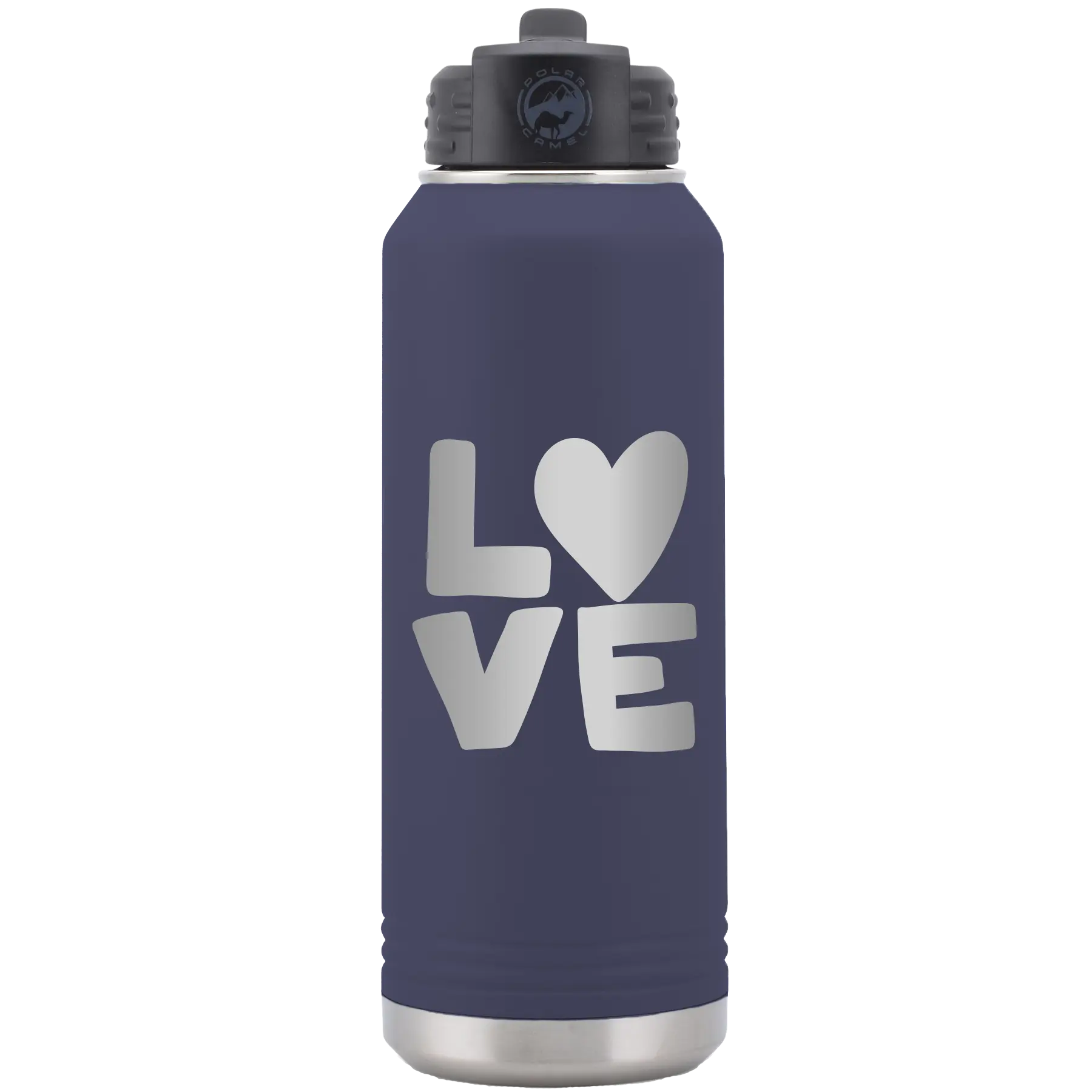 Laser etched navy 32 oz vacuum insulated water bottle with 'Love' design