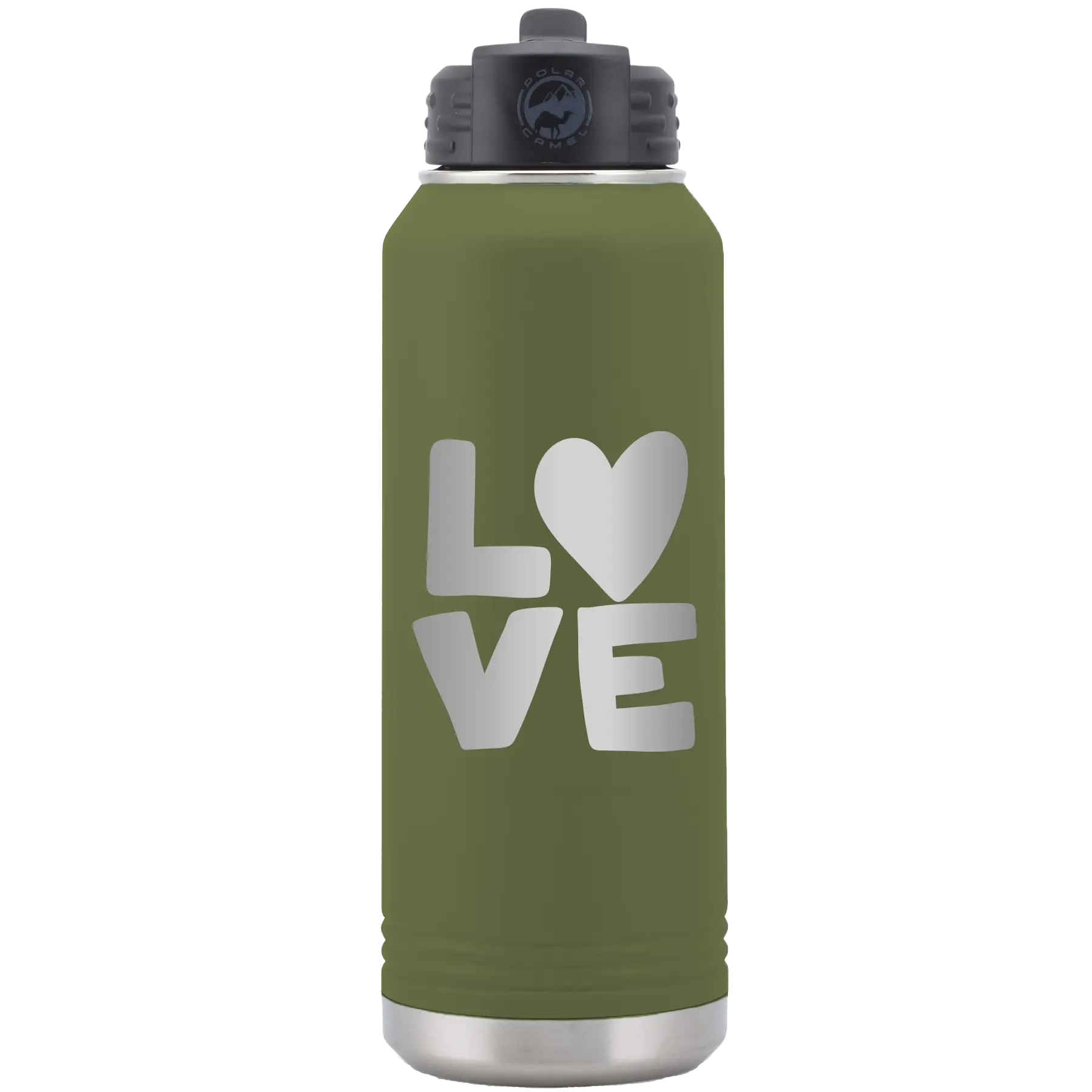 Laser etched olive green 32 oz vacuum insulated water bottle with 'Love' design