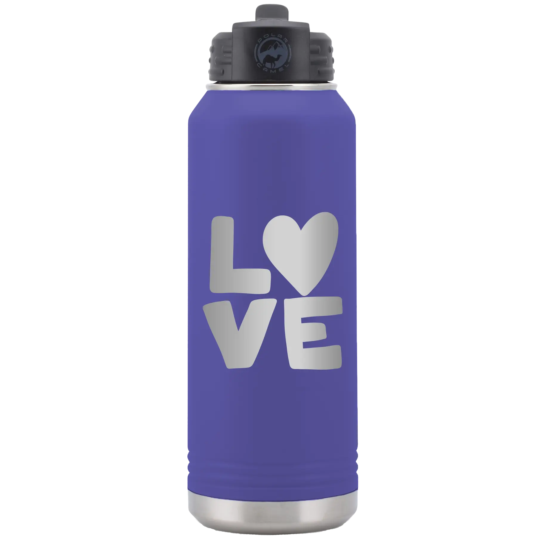 Laser etched purple 32 oz vacuum insulated water bottle with 'Love' design