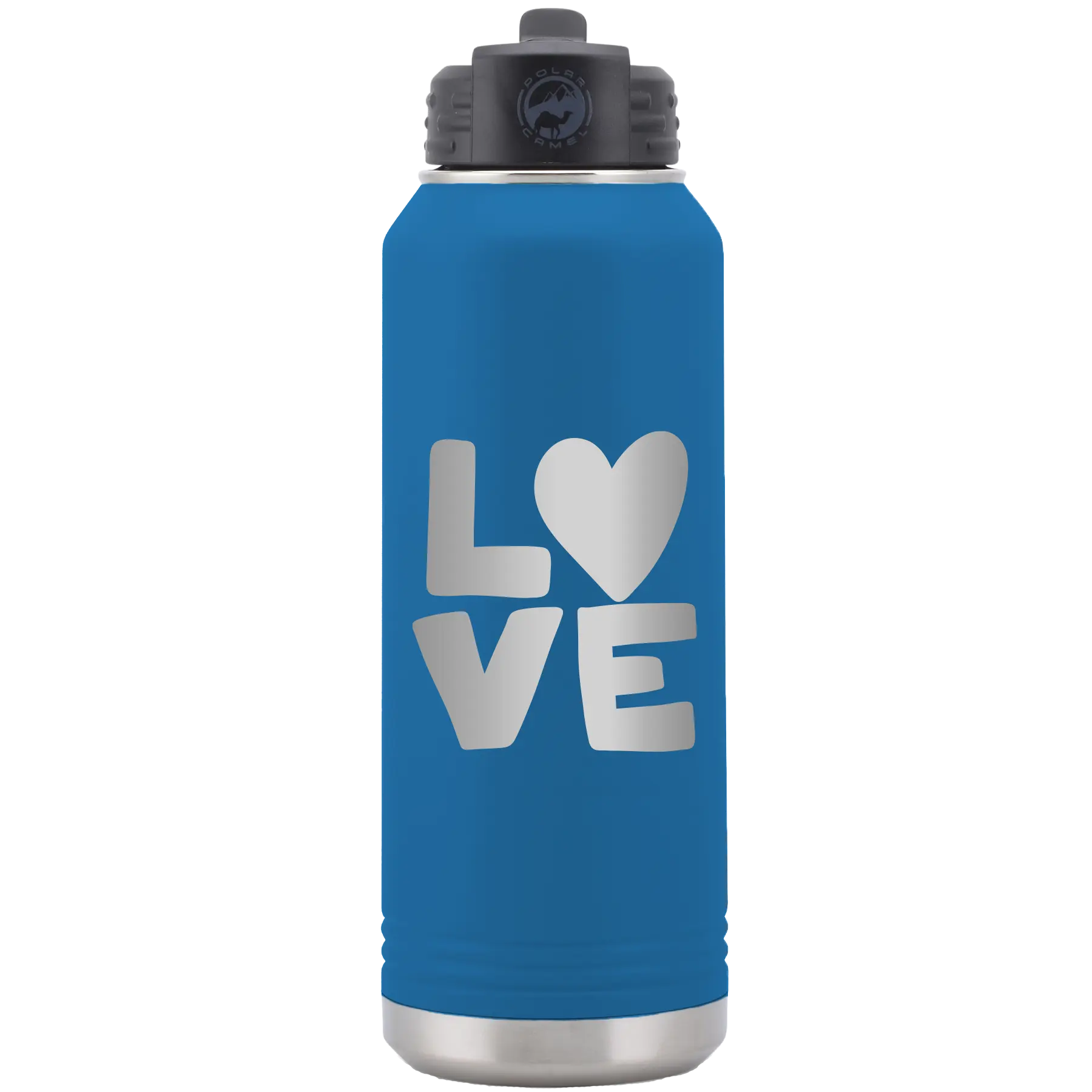 Laser etched royal blue 32 oz vacuum insulated water bottle with 'Love' design