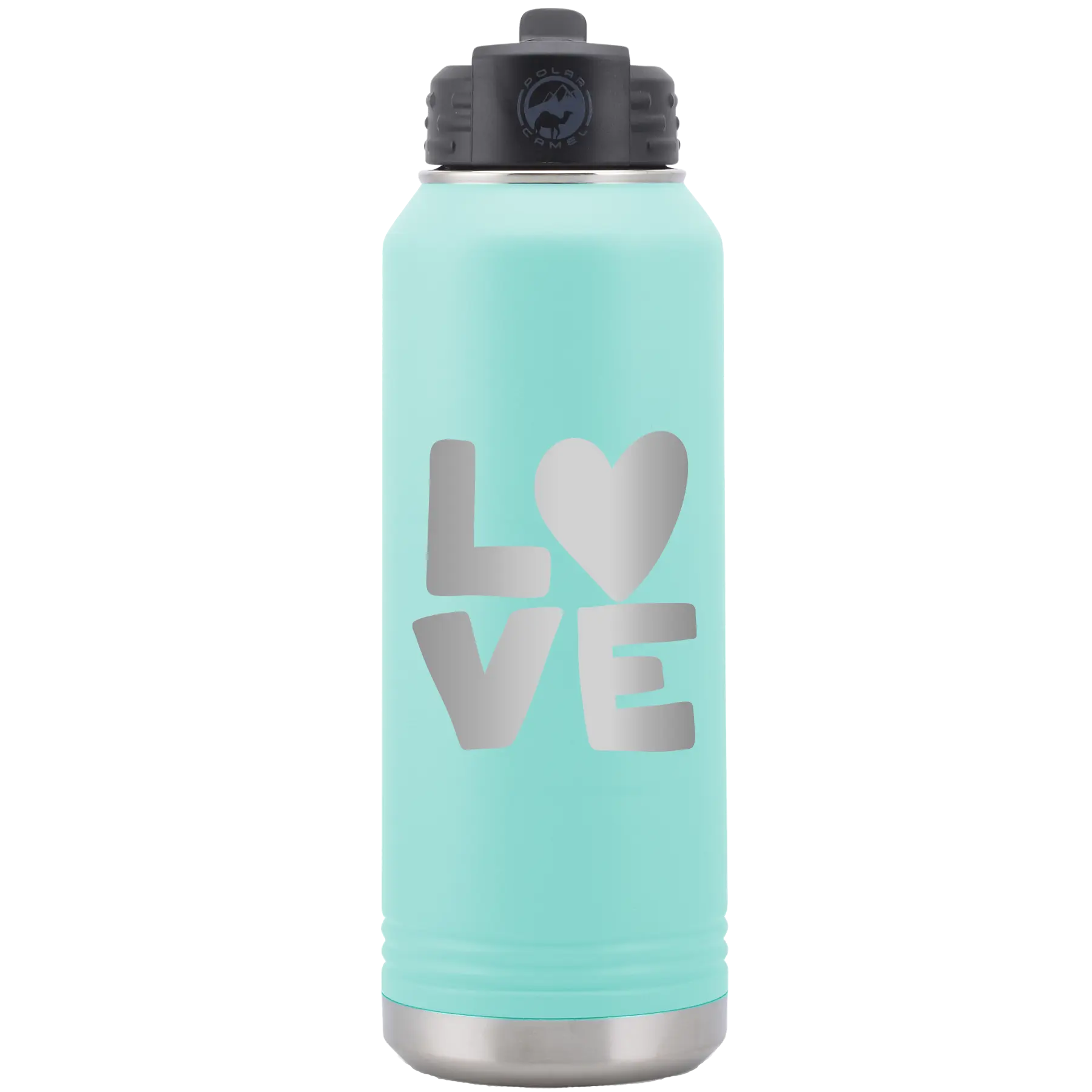Laser etched teal 32 oz vacuum insulated water bottle with 'Love' design