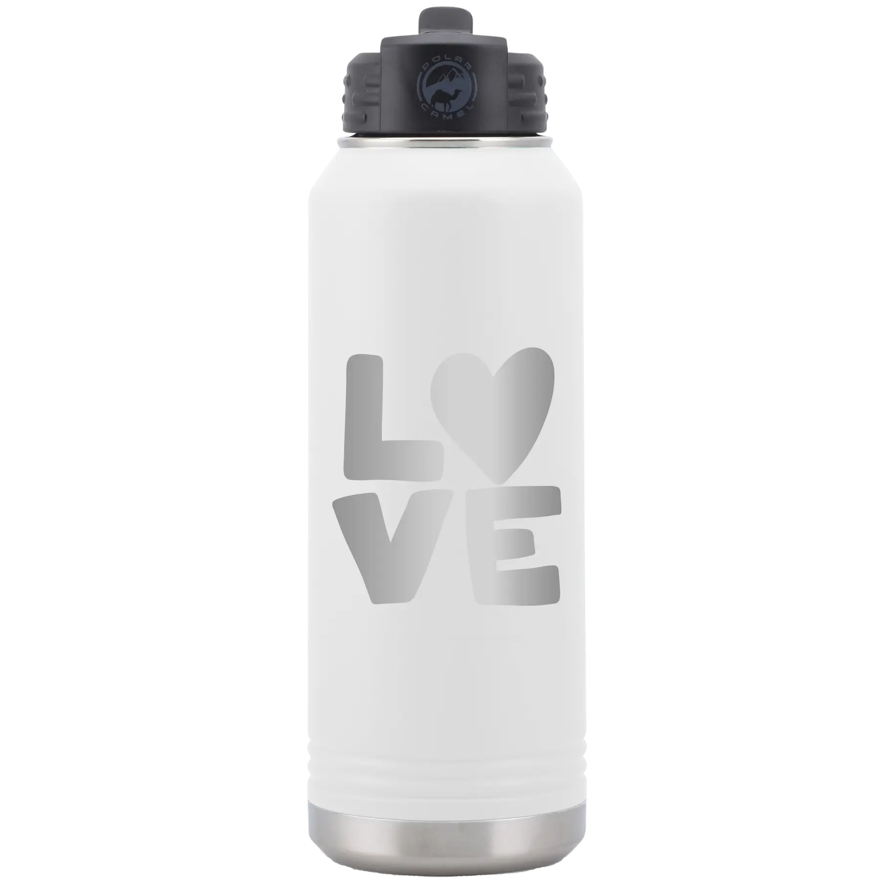 Laser etched white 32 oz vacuum insulated water bottle with 'Love' design