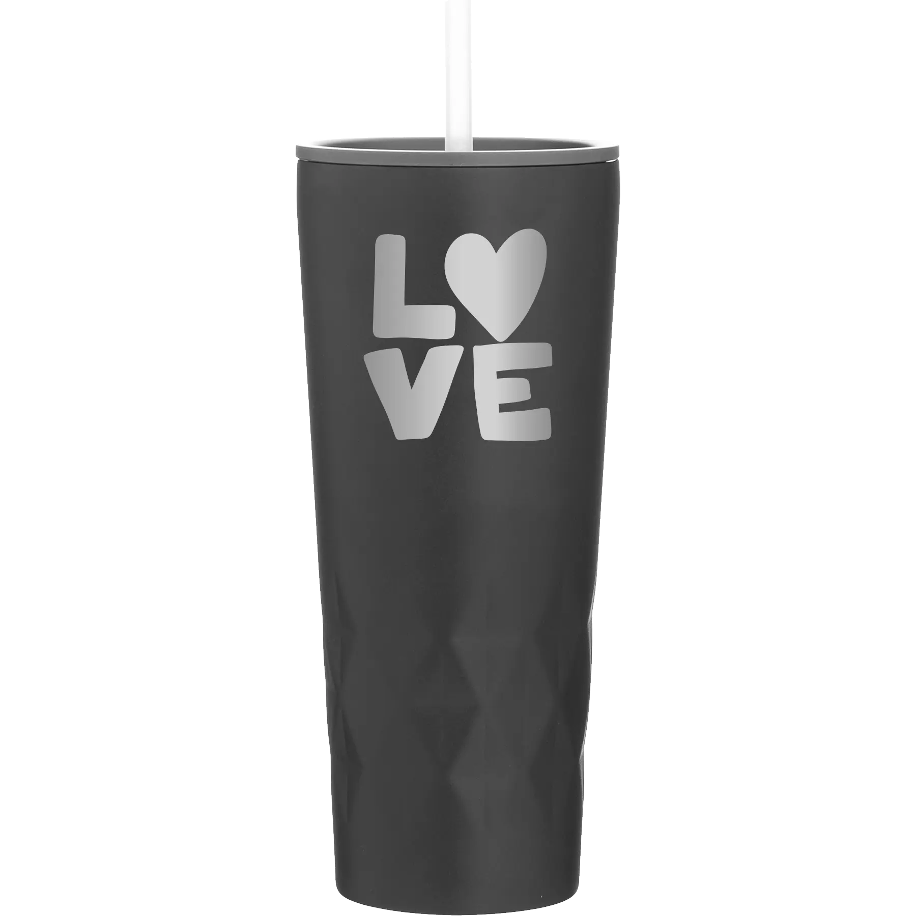 Laser etched black 20 oz vacuum insulated tumbler with 'Love' design