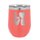 Laser etched coral 12 oz vacuum insulated wine cup with 'Love' design
