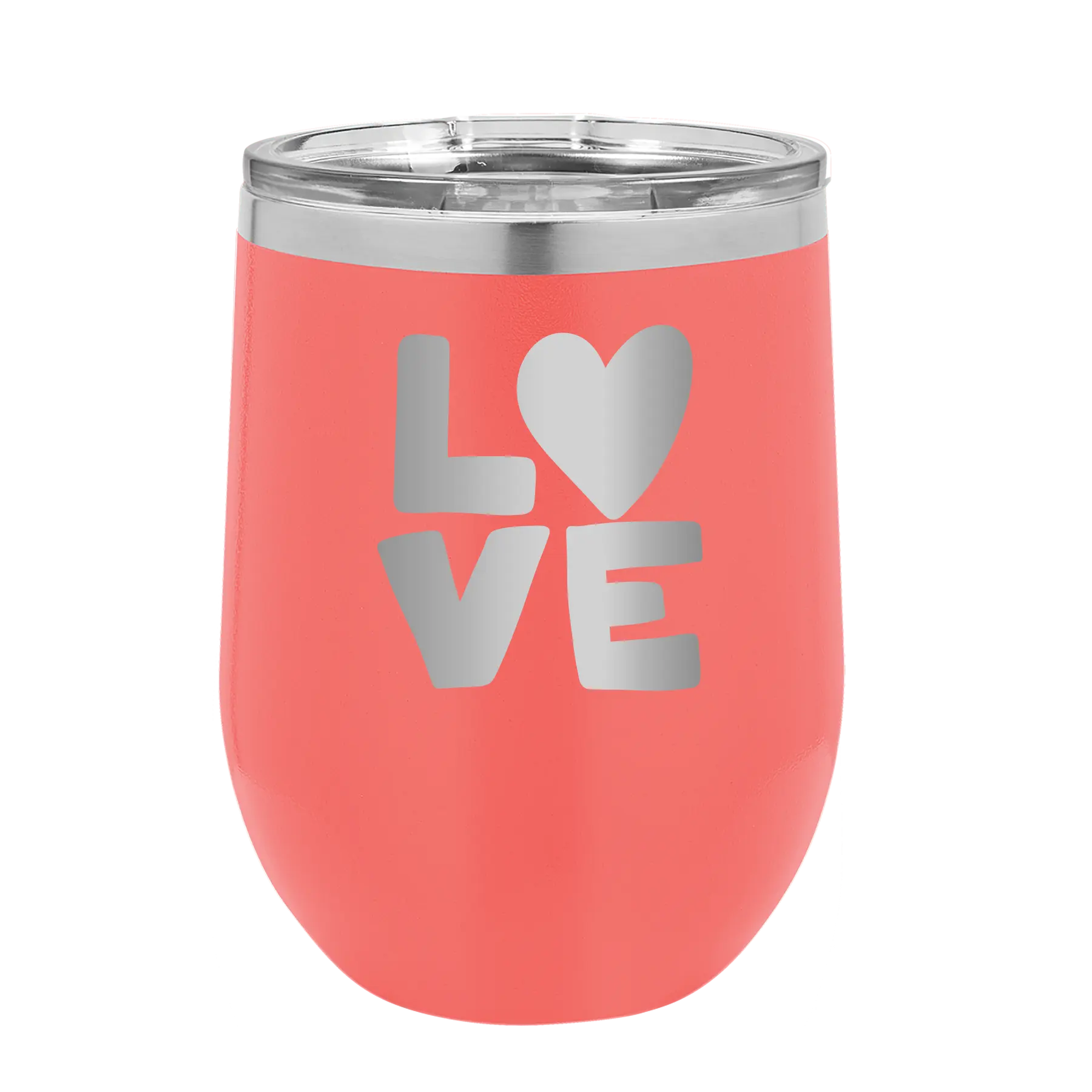 Laser etched coral 12 oz vacuum insulated wine cup with 'Love' design
