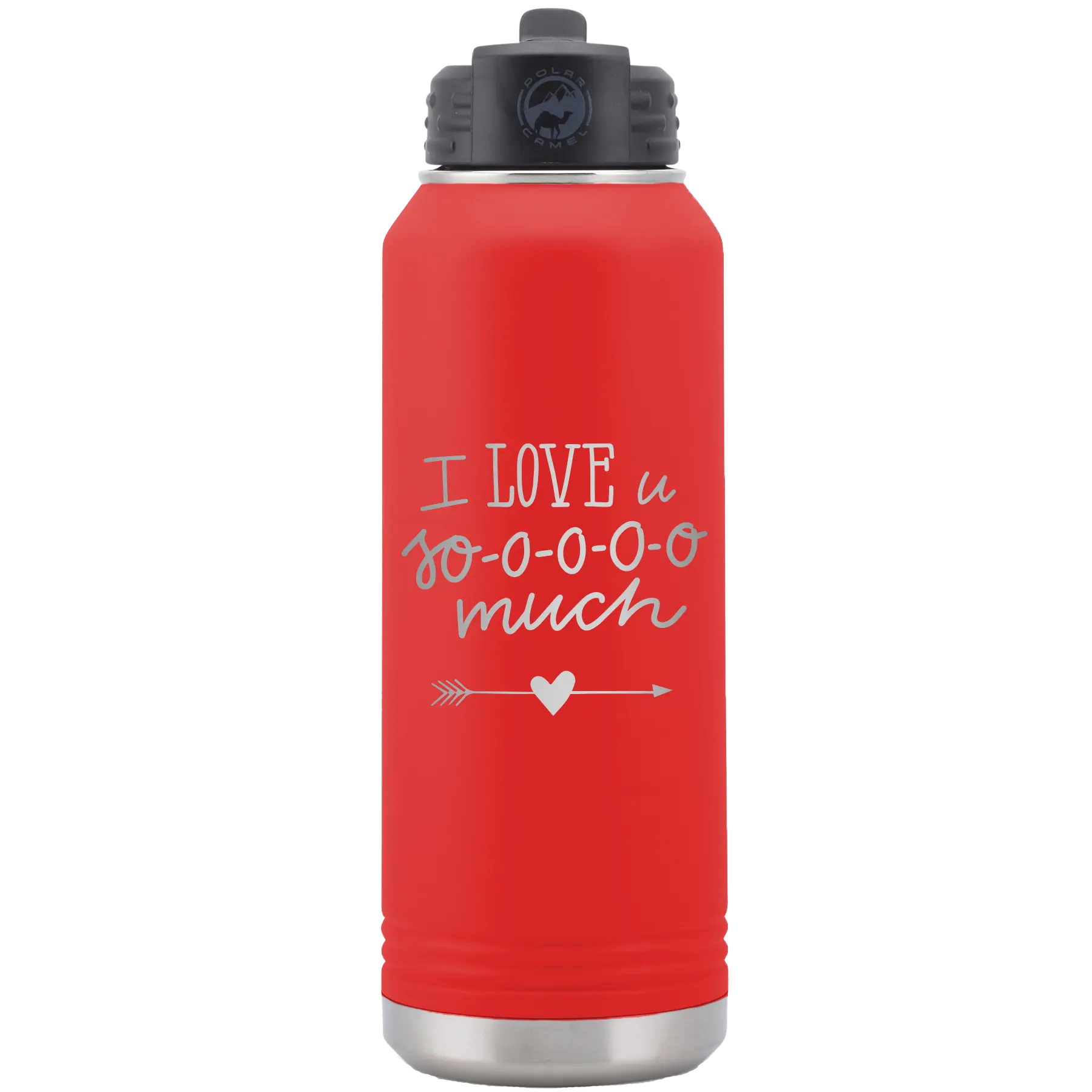 Laser etched red 32 oz vacuum insulated water bottle with 'I Love U Sooooo Much' design