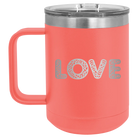 Laser etched coral 15 oz vacuum insulated coffee mug with 'Love Cutout' design