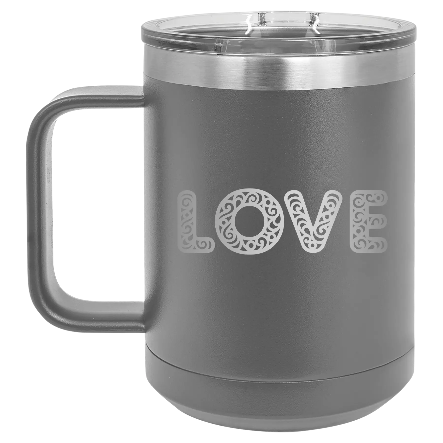 Laser etched dark gray 15 oz vacuum insulated coffee mug with 'Love Cutout' design