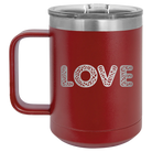 Laser etched maroon 15 oz vacuum insulated coffee mug with 'Love Cutout' design