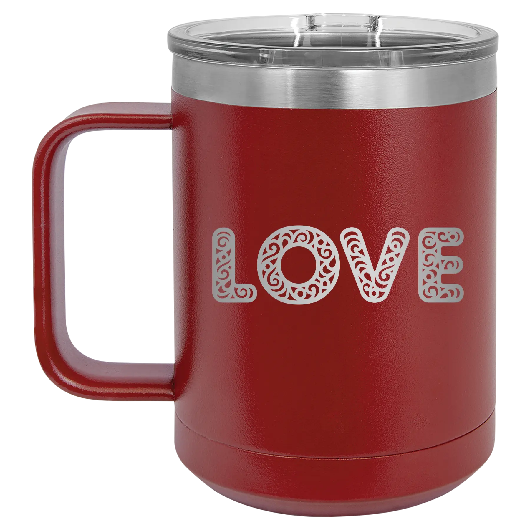 Laser etched maroon 15 oz vacuum insulated coffee mug with 'Love Cutout' design