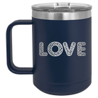 Laser etched navy 15 oz vacuum insulated coffee mug with 'Love Cutout' design