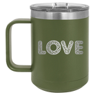 Laser etched olive green 15 oz vacuum insulated coffee mug with 'Love Cutout' design