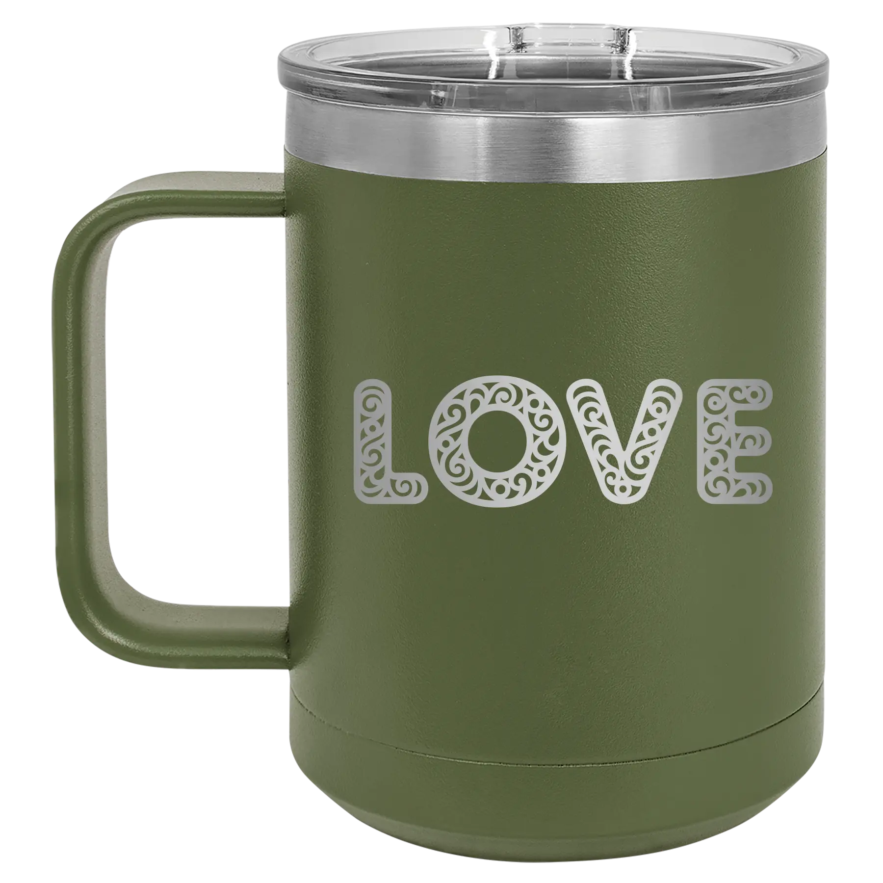 Laser etched olive green 15 oz vacuum insulated coffee mug with 'Love Cutout' design