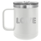 Laser etched white 15 oz vacuum insulated coffee mug with 'Love Cutout' design