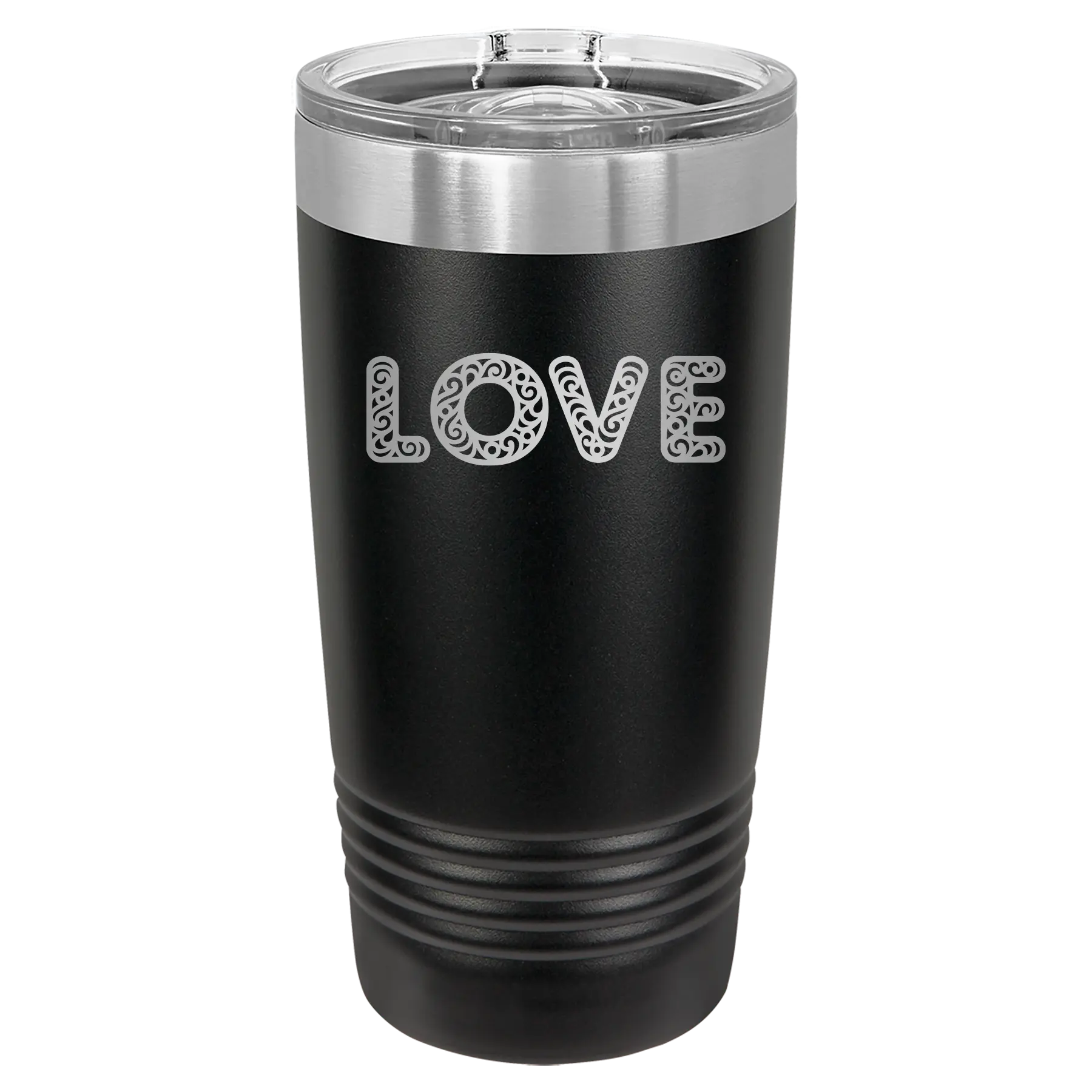 Laser etched black 20 oz vacuum insulated tumbler with 'Love Cutout' design