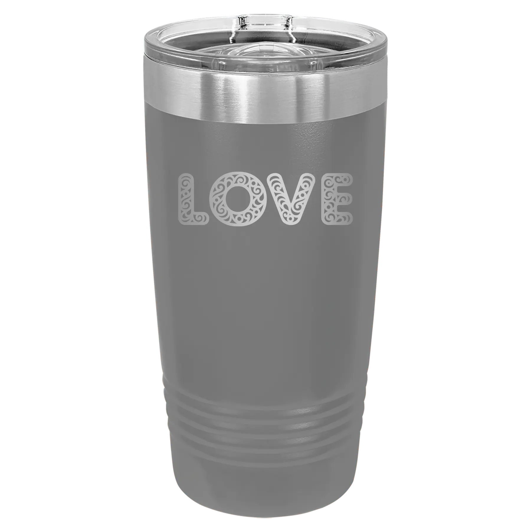 Laser etched dark gray 20 oz vacuum insulated tumbler with 'Love Cutout' design