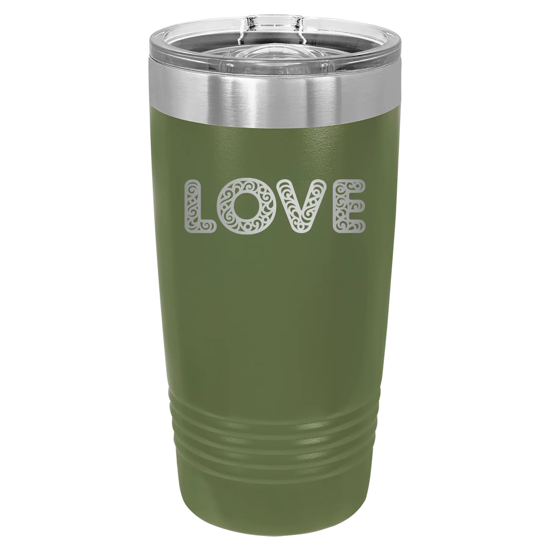 Laser etched olive green 20 oz vacuum insulated tumbler with 'Love Cutout' design