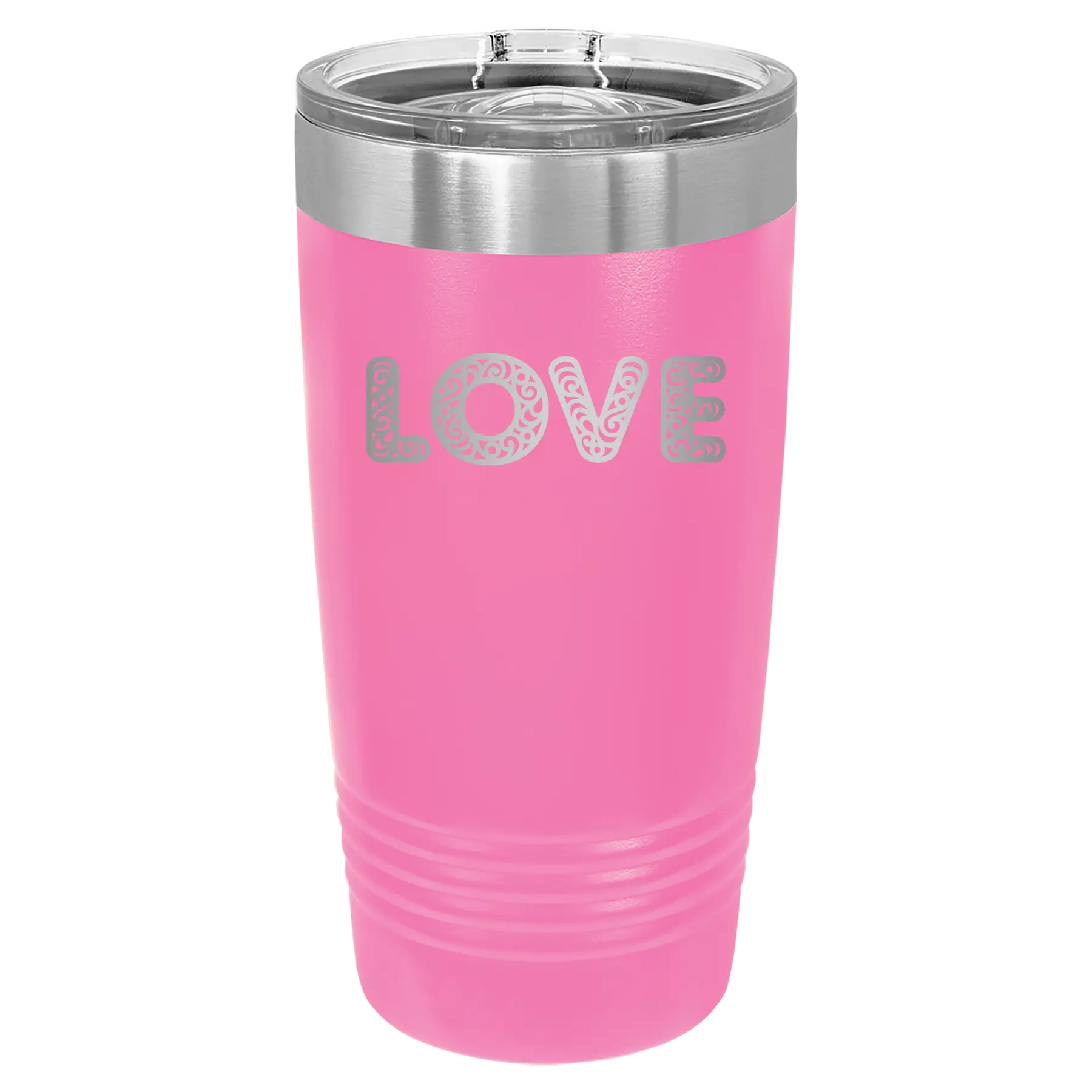 Laser etched pink 20 oz vacuum insulated tumbler with 'Love Cutout' design