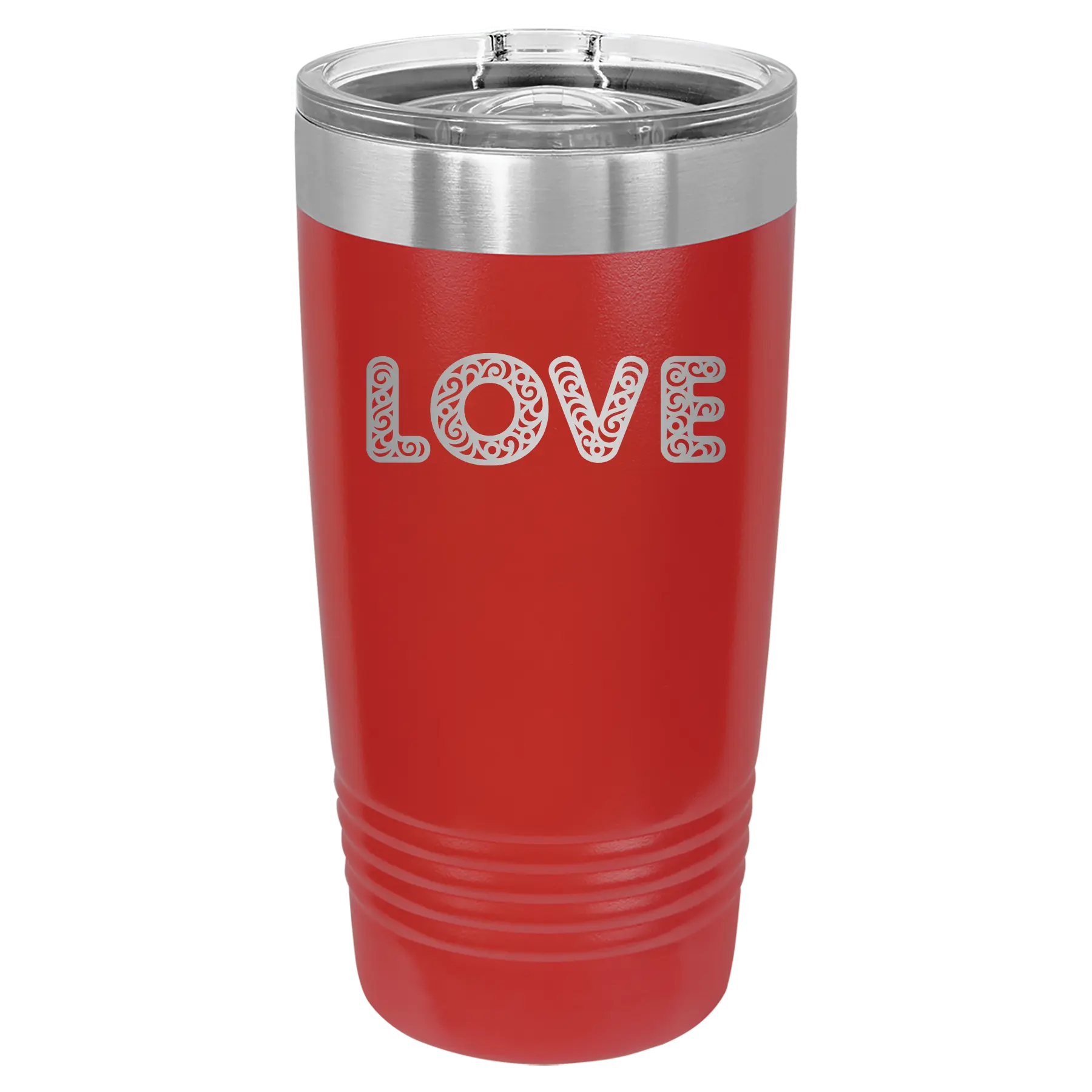 Laser etched red 20 oz vacuum insulated tumbler with 'Love Cutout' design