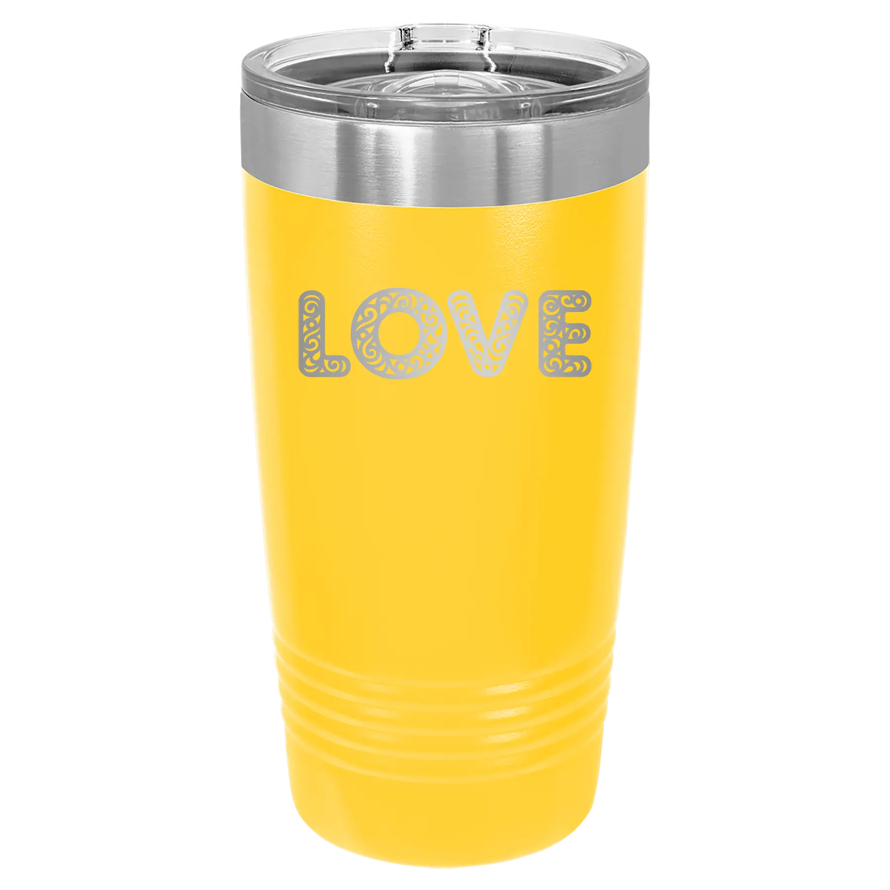 Laser etched yellow 20 oz vacuum insulated tumbler with 'Love Cutout' design