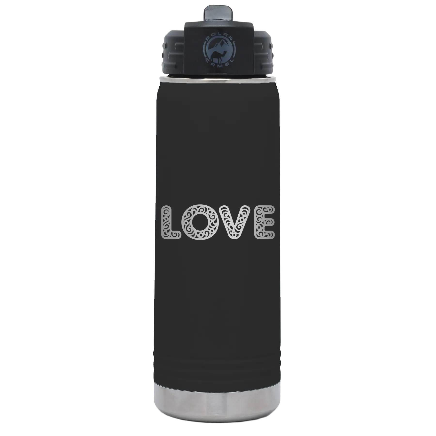 Laser etched black 20 oz vacuum insulated water bottle with 'Love Cutout' design