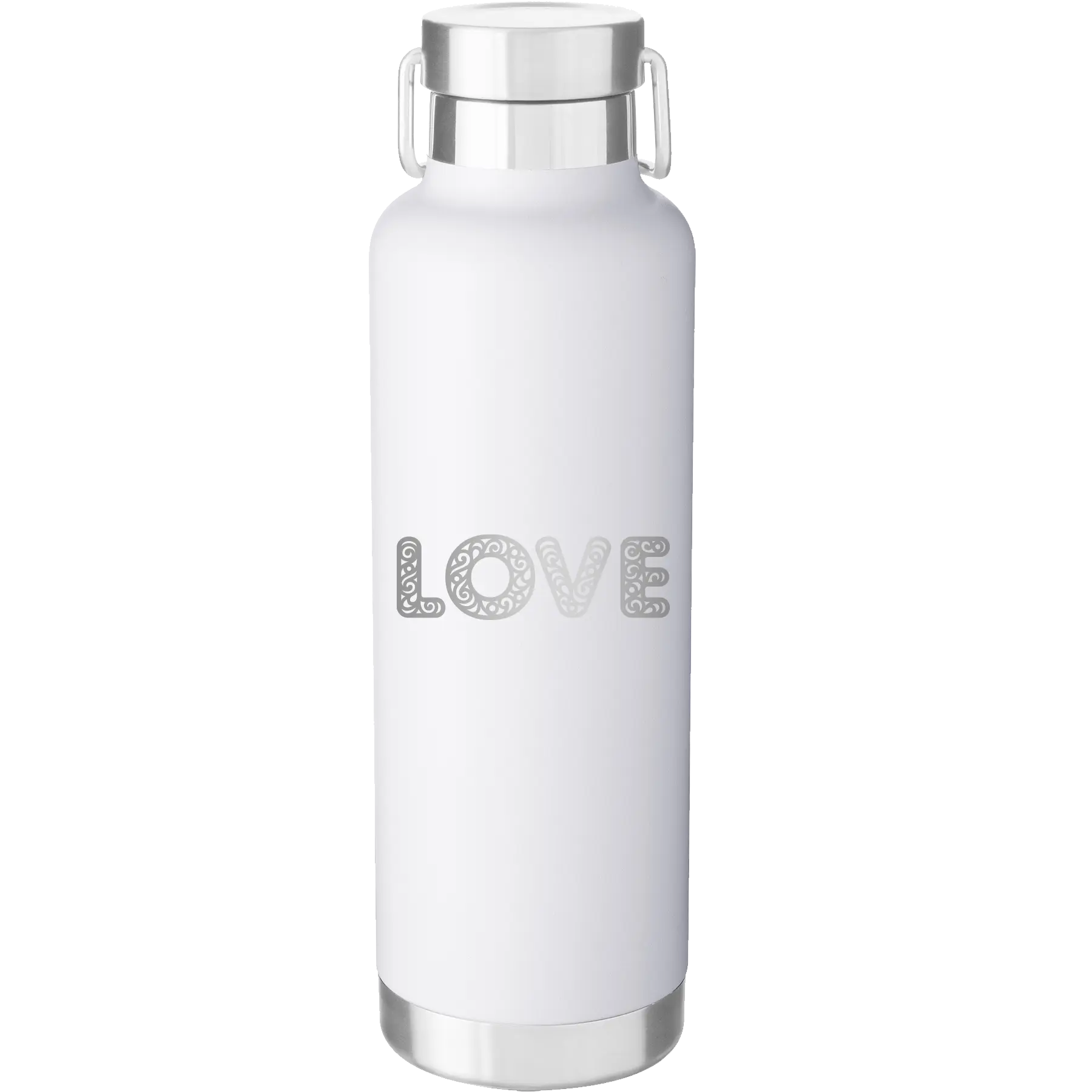 Laser etched white 24 oz vacuum insulated water bottle with 'Love Cutout' design