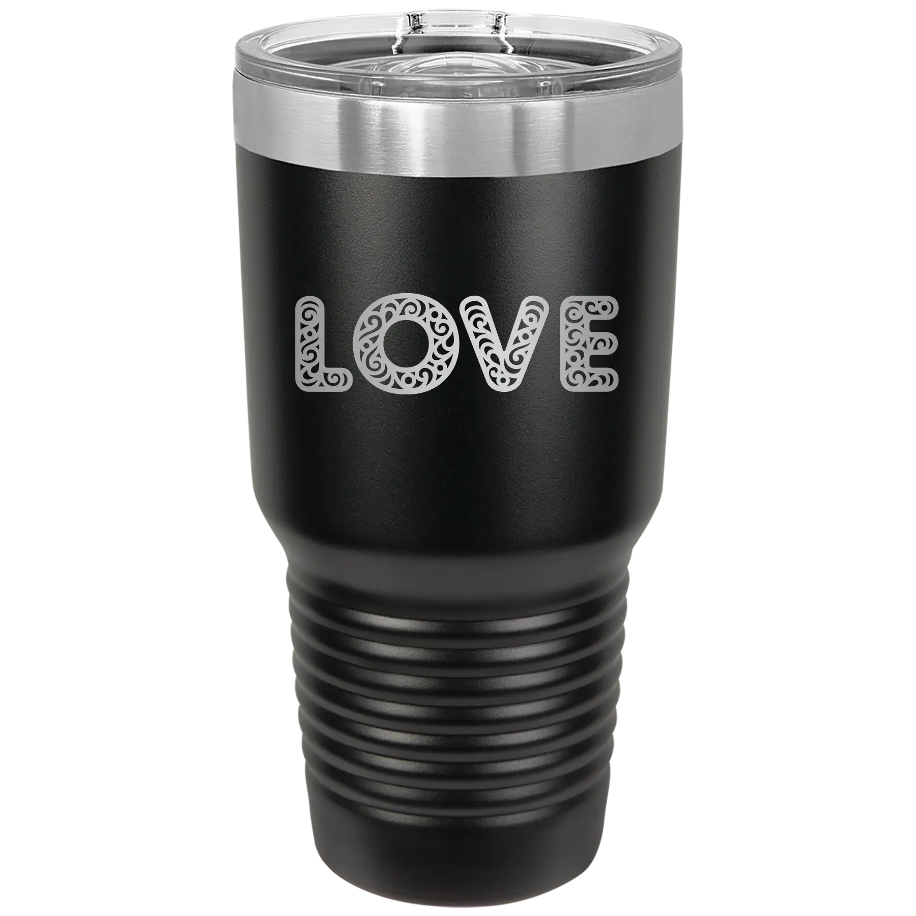 Laser etched black 30 oz vacuum insulated tumbler with 'Love Cutout' design