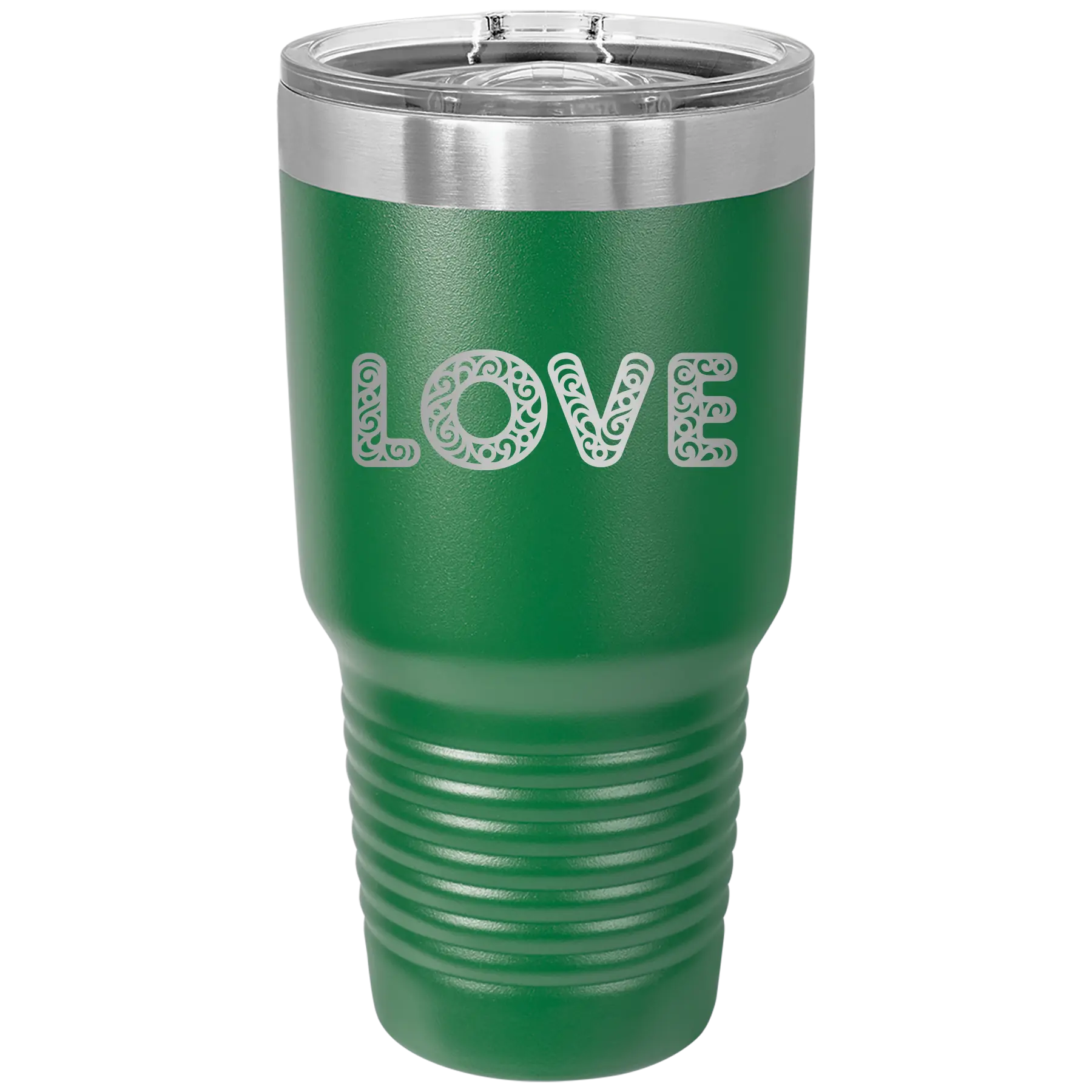 Laser etched green 30 oz vacuum insulated tumbler with 'Love Cutout' design