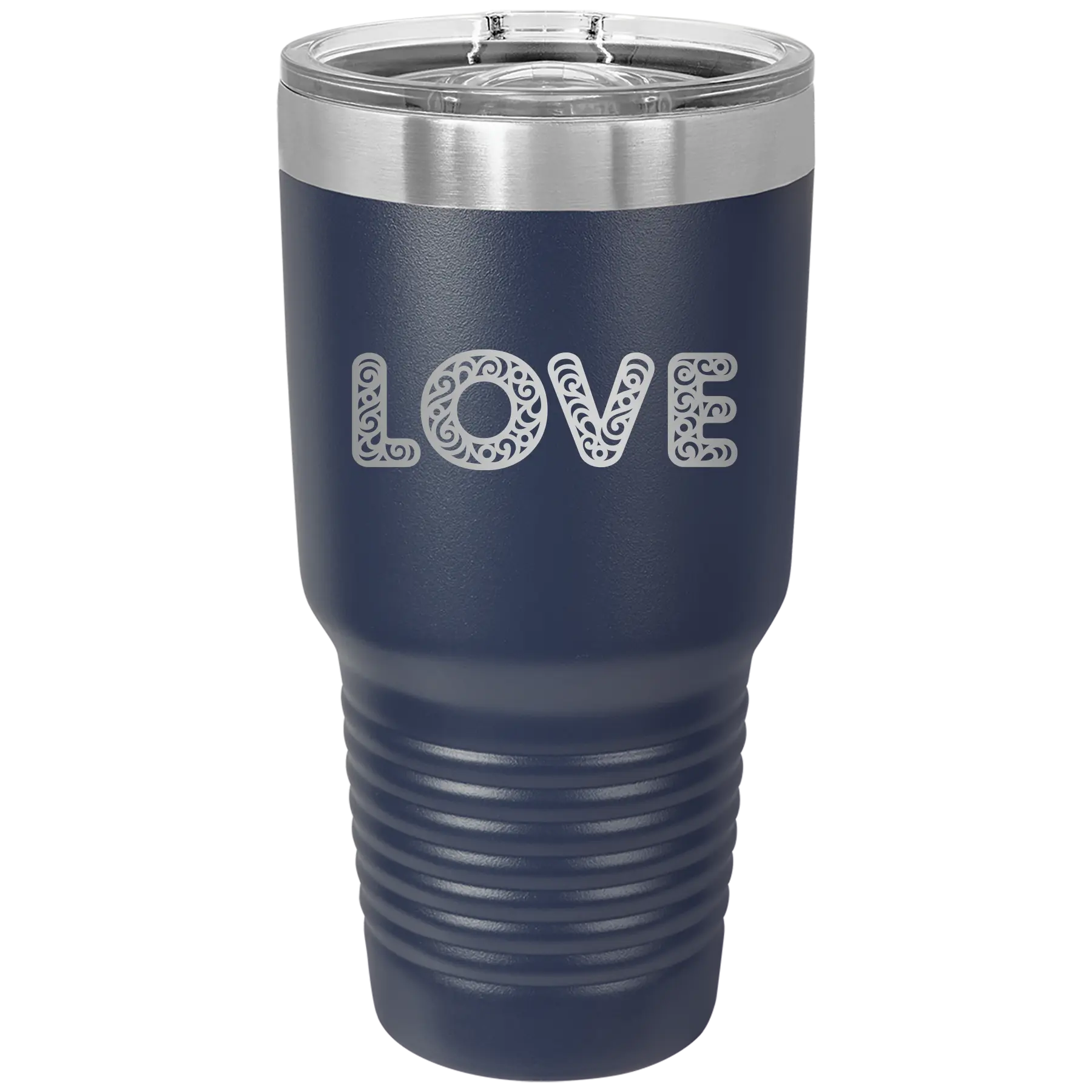 Laser etched navy 30 oz vacuum insulated tumbler with 'Love Cutout' design
