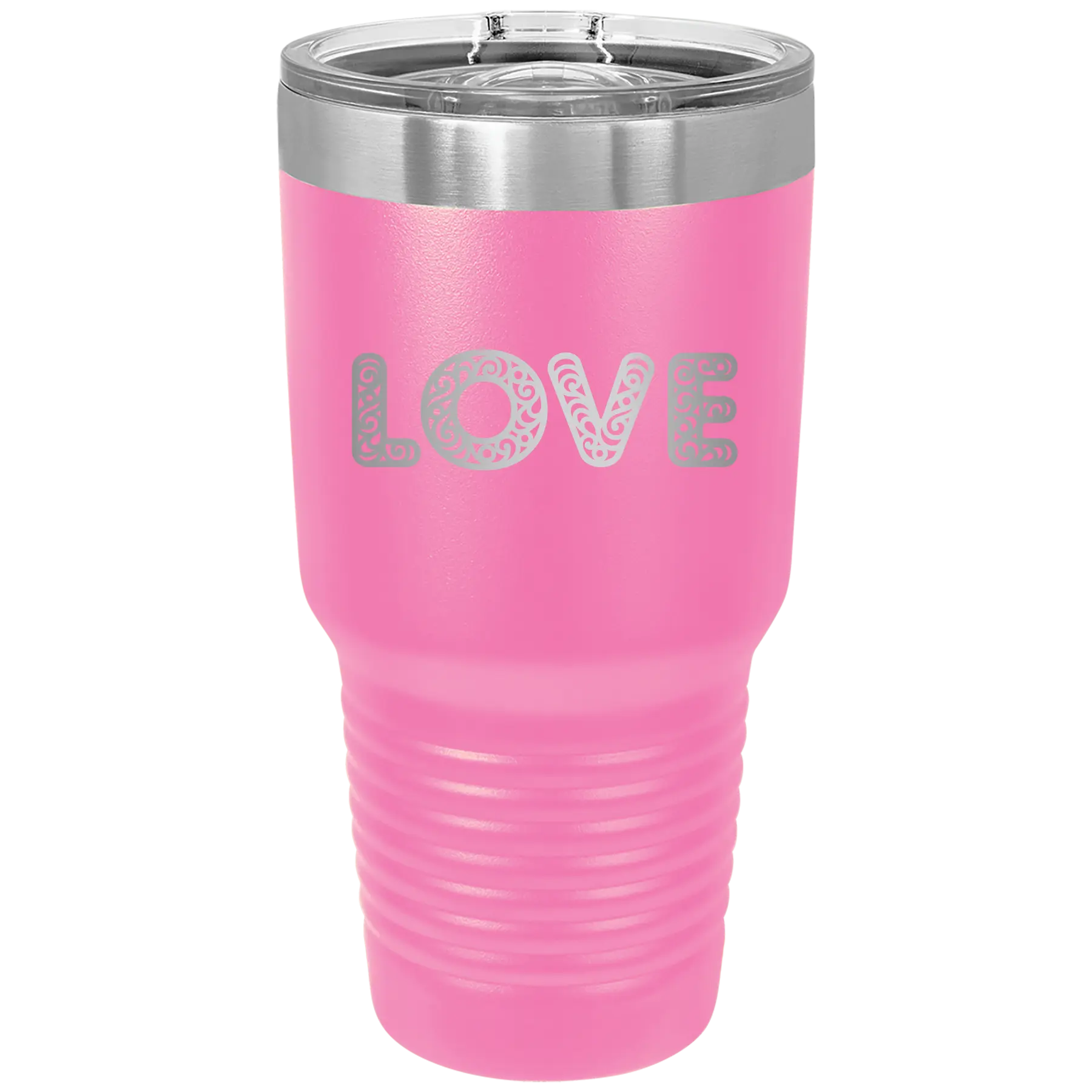 Laser etched pink 30 oz vacuum insulated tumbler with 'Love Cutout' design