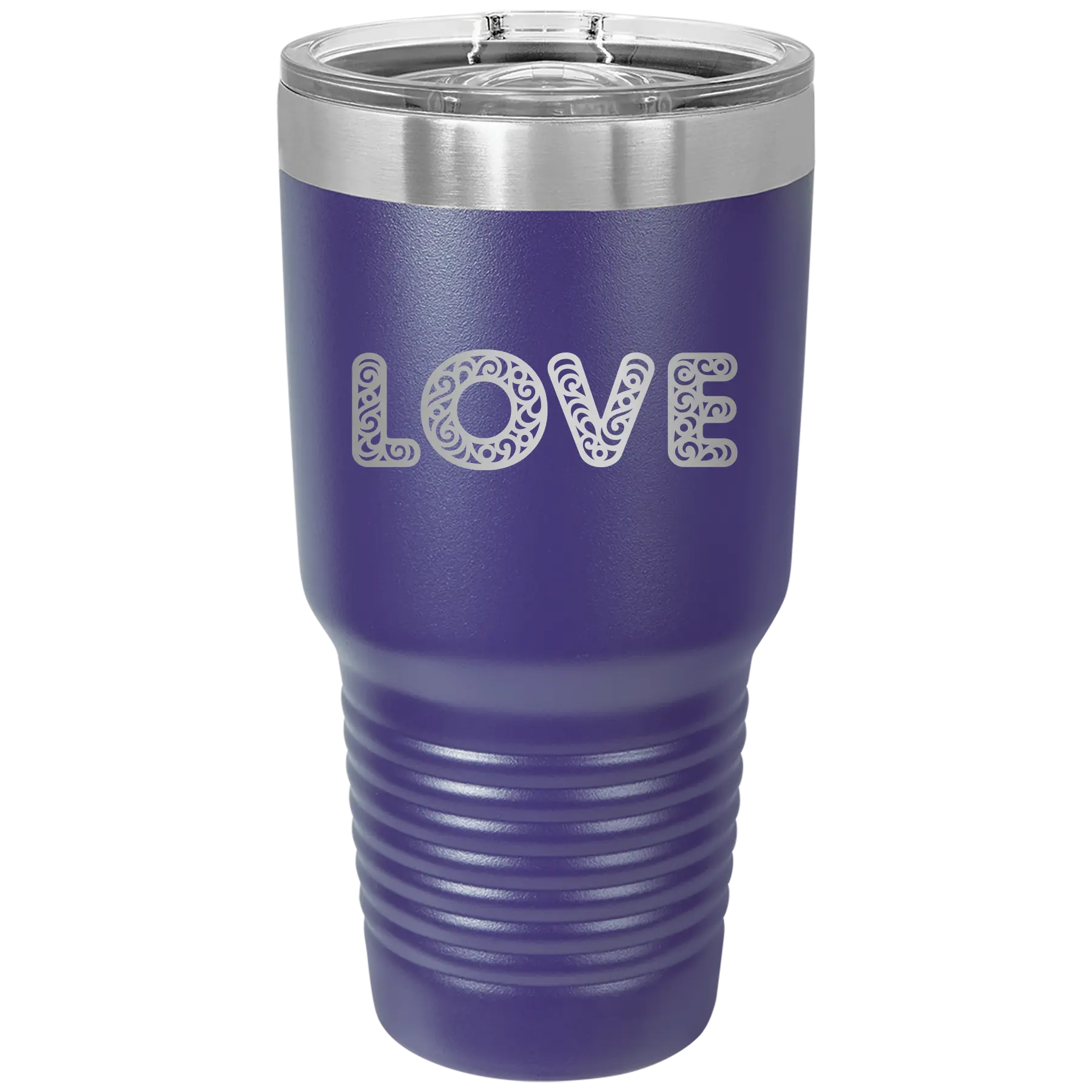 Laser etched purple 30 oz vacuum insulated tumbler with 'Love Cutout' design