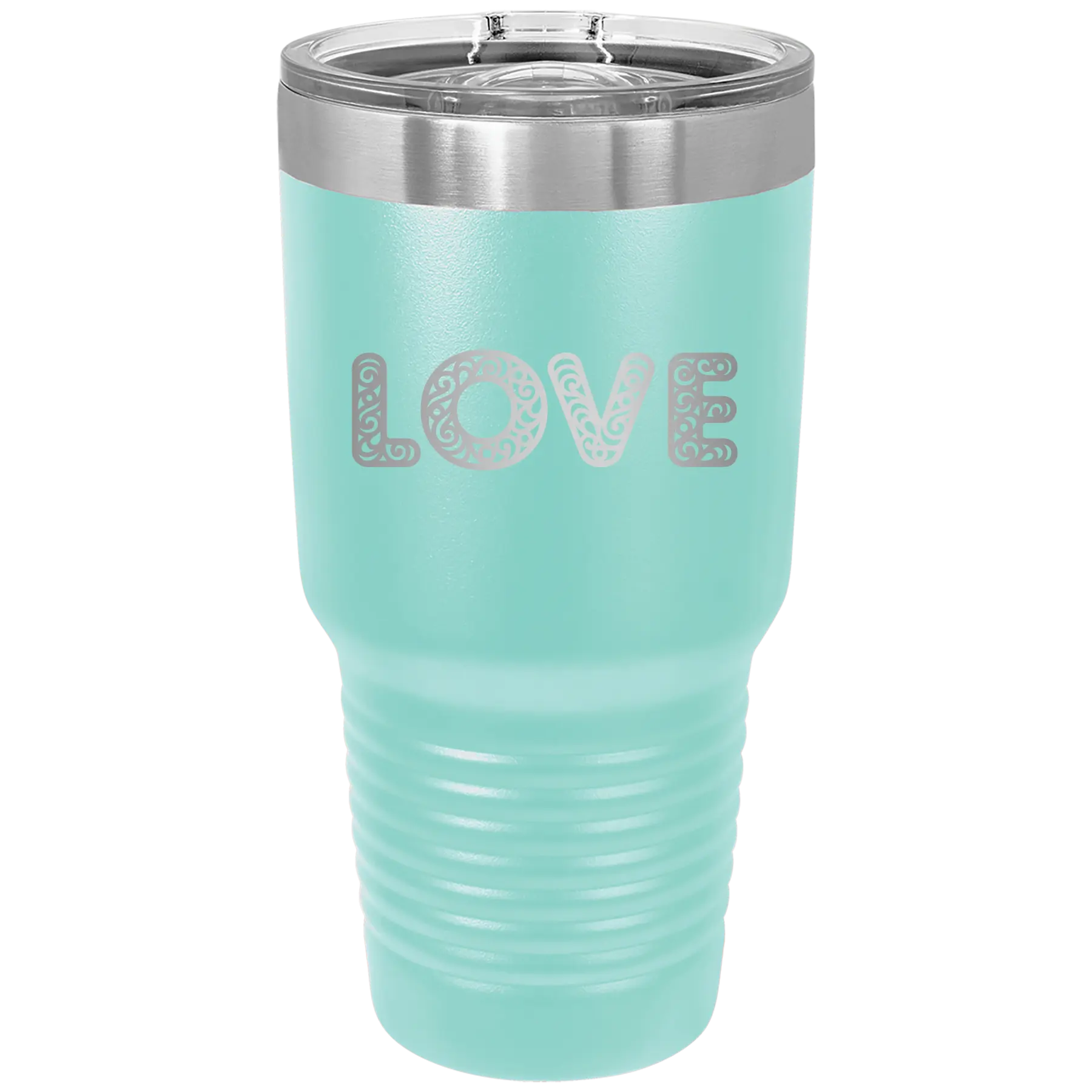 Laser etched teal 30 oz vacuum insulated tumbler with 'Love Cutout' design
