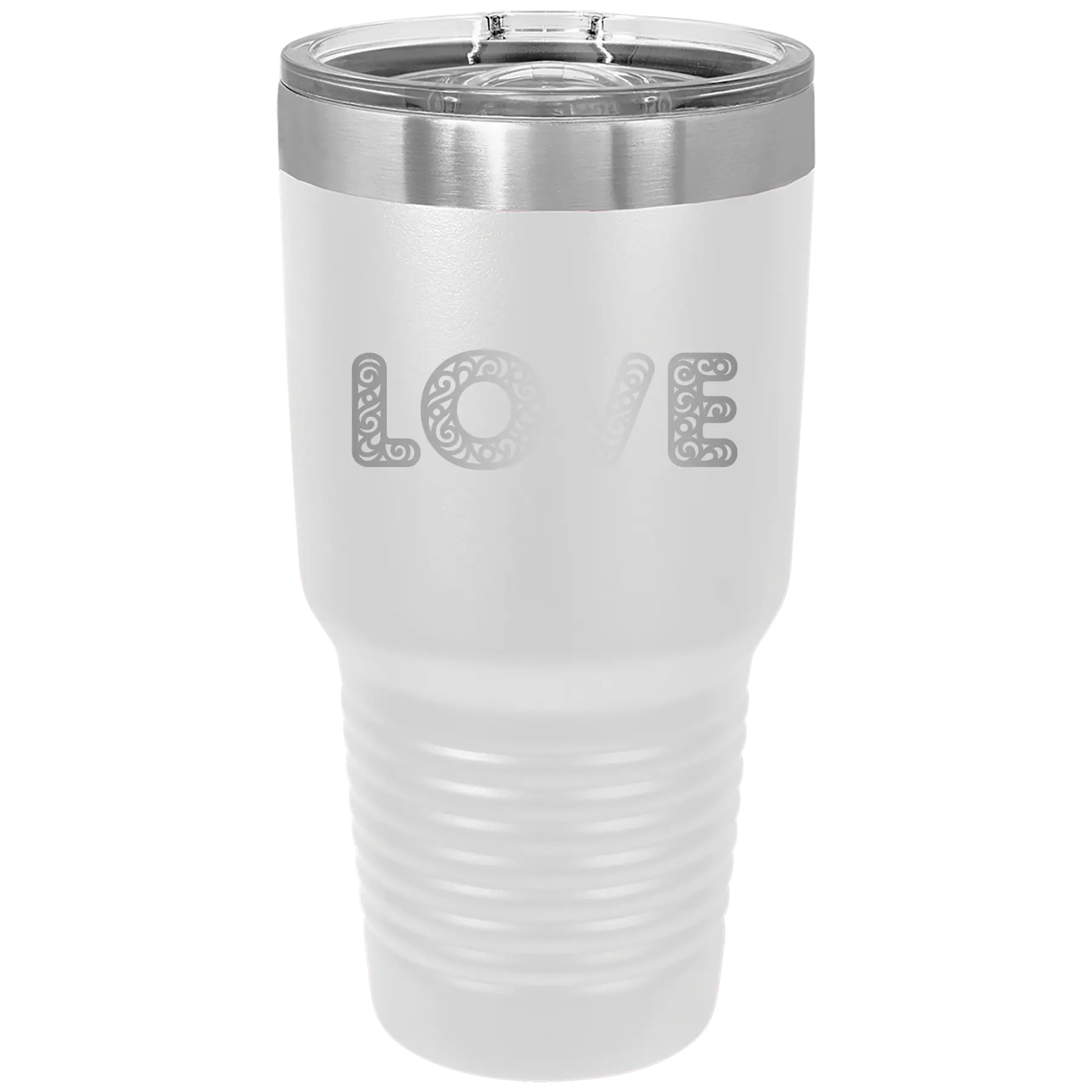 Laser etched white 30 oz vacuum insulated tumbler with 'Love Cutout' design