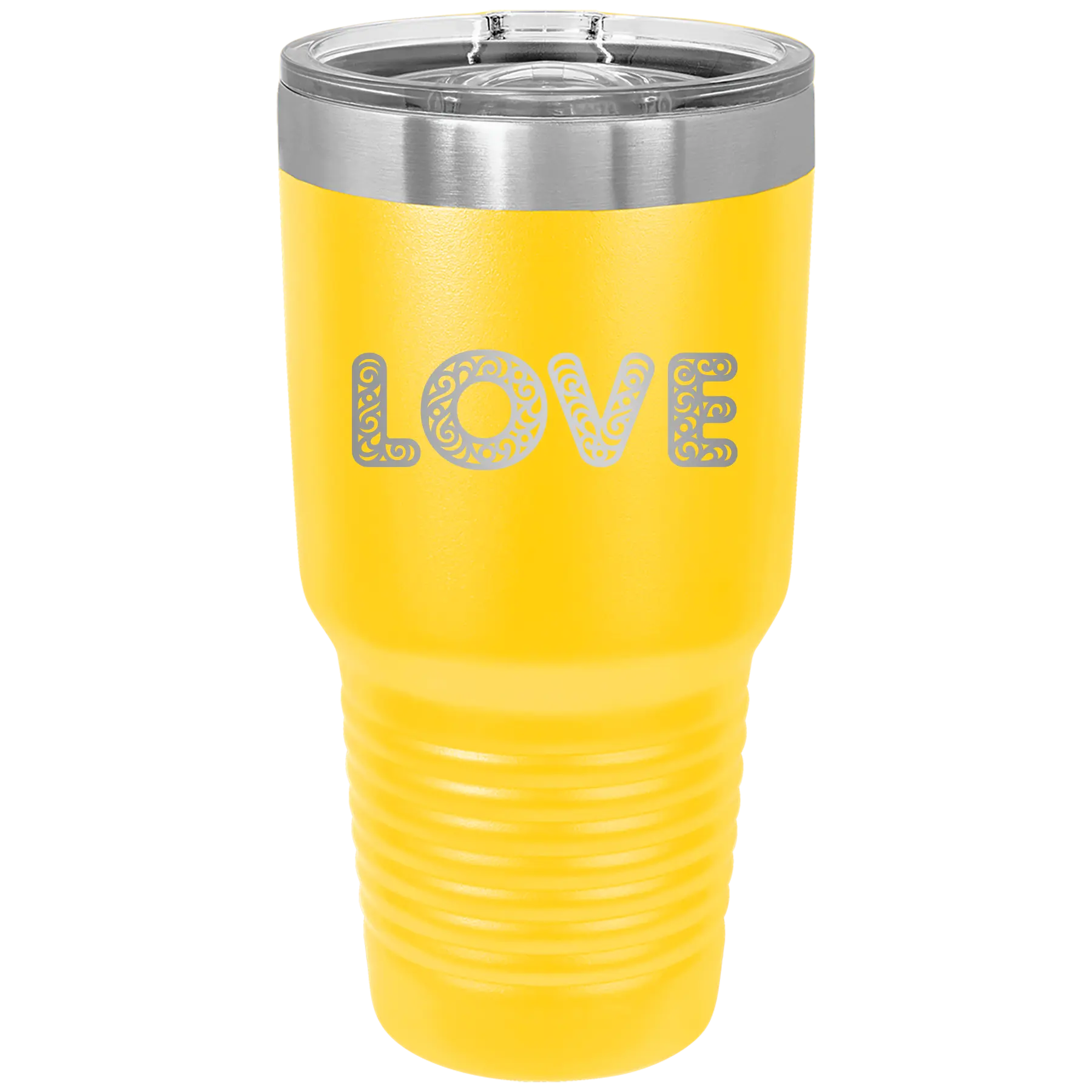 Laser etched yellow 30 oz vacuum insulated tumbler with 'Love Cutout' design