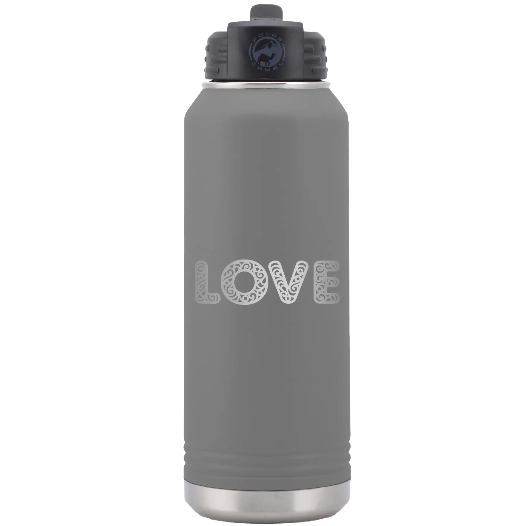 Laser etched dark gray 32 oz vacuum insulated water bottle with 'Love Cutout' design