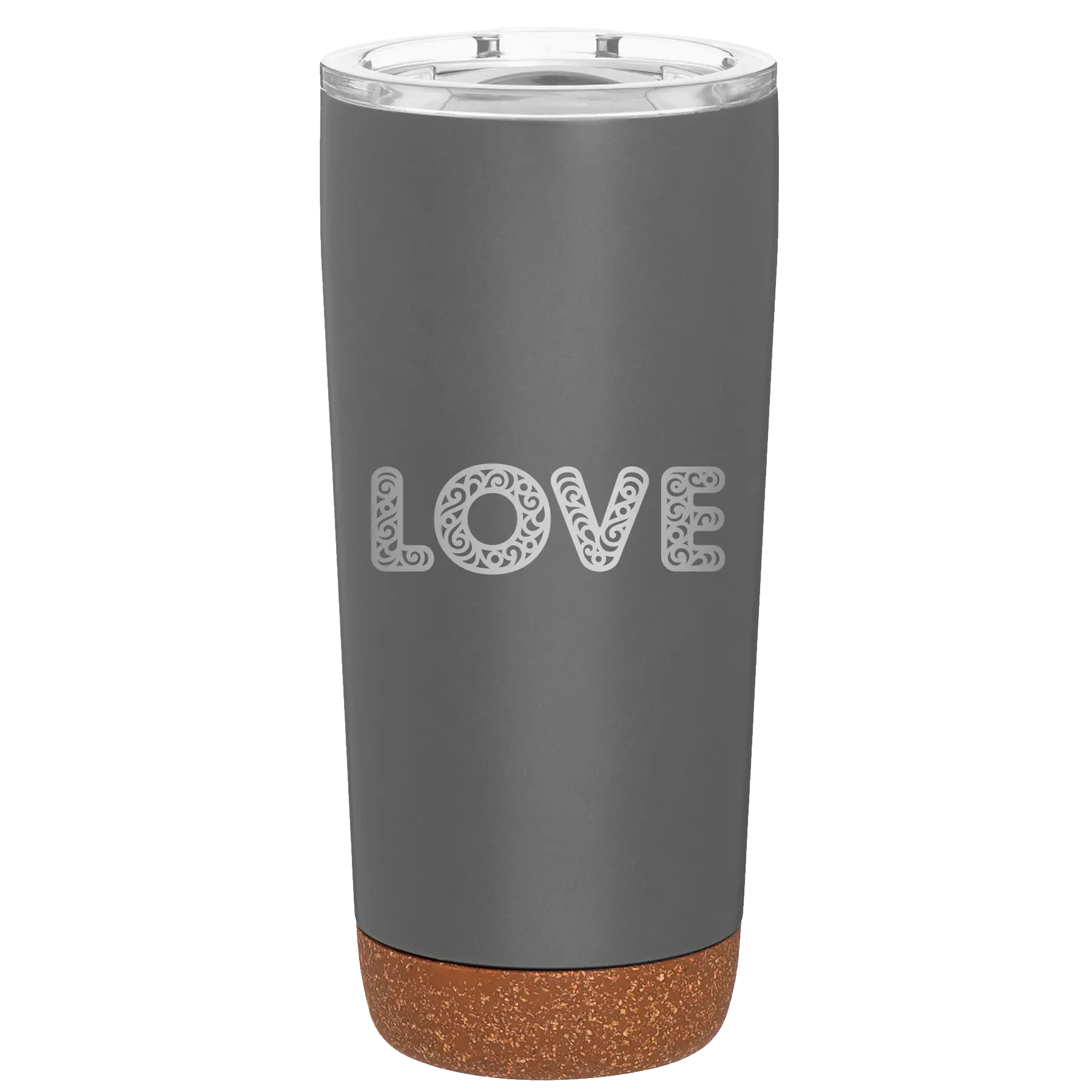 Laser etched storm gray 20 oz vacuum insulated tumbler with 'Love Cutout' design