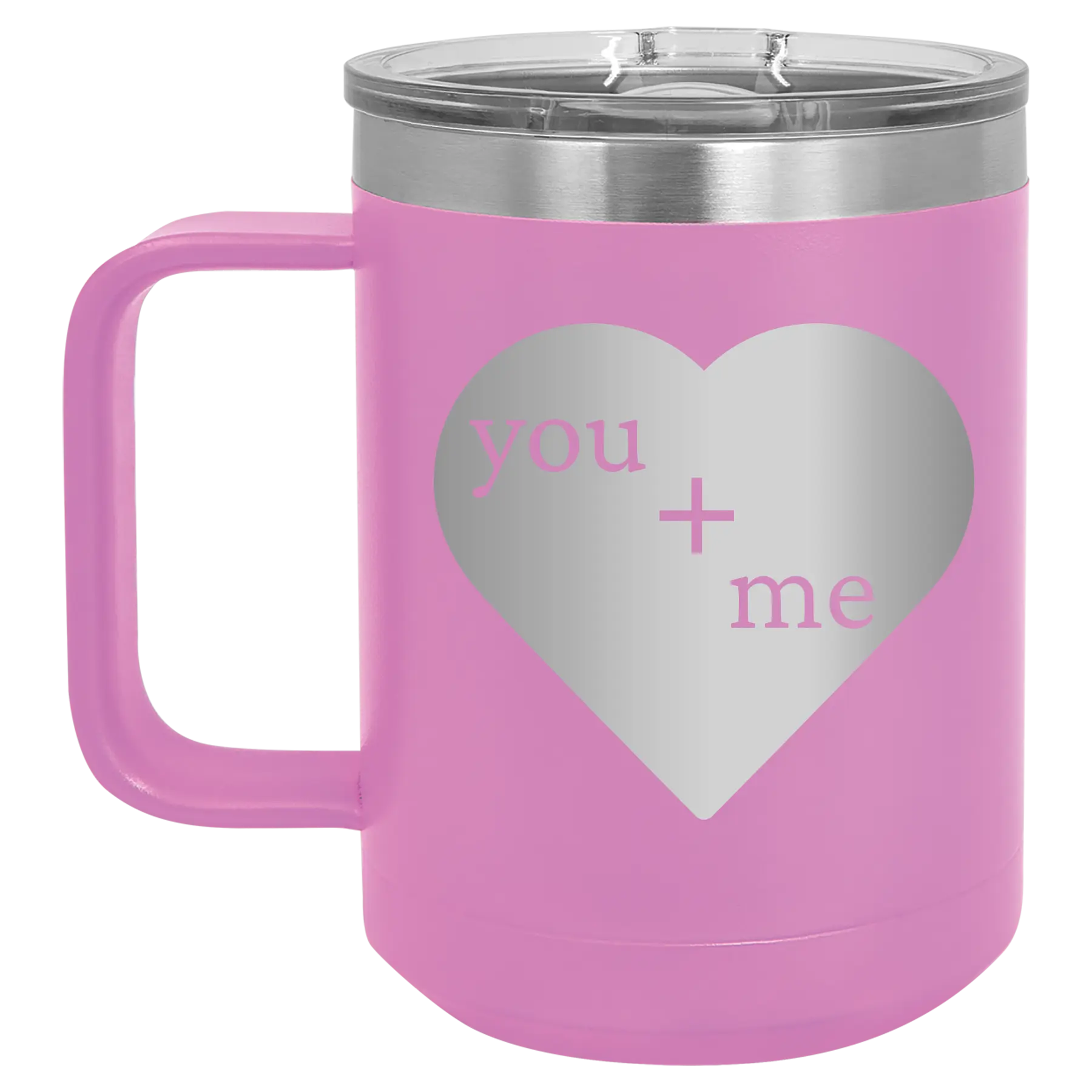 Laser etched light purple 15 oz vacuum insulated coffee mug with 'You Plus Me' design