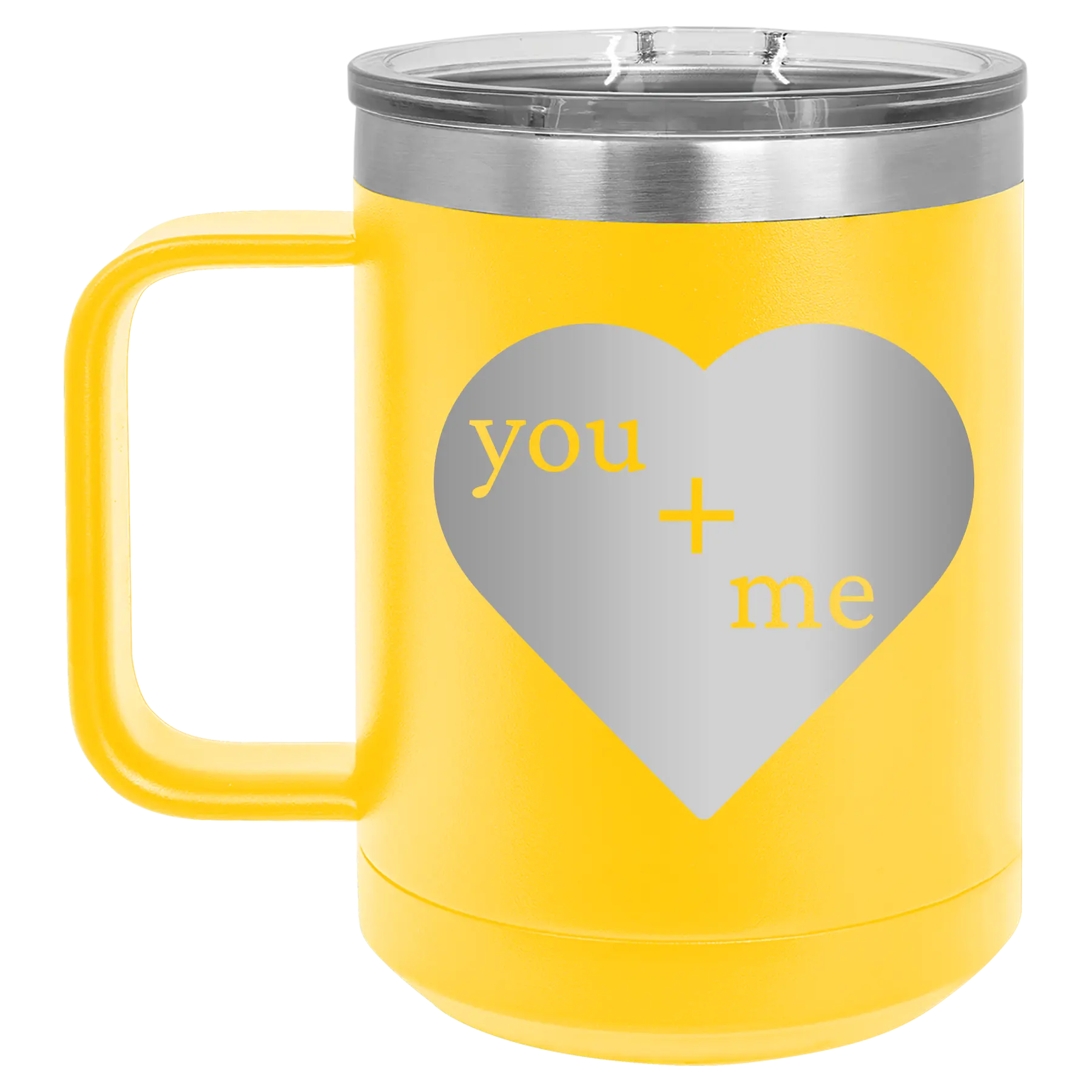 Laser etched yellow 15 oz vacuum insulated coffee mug with 'You Plus Me' design