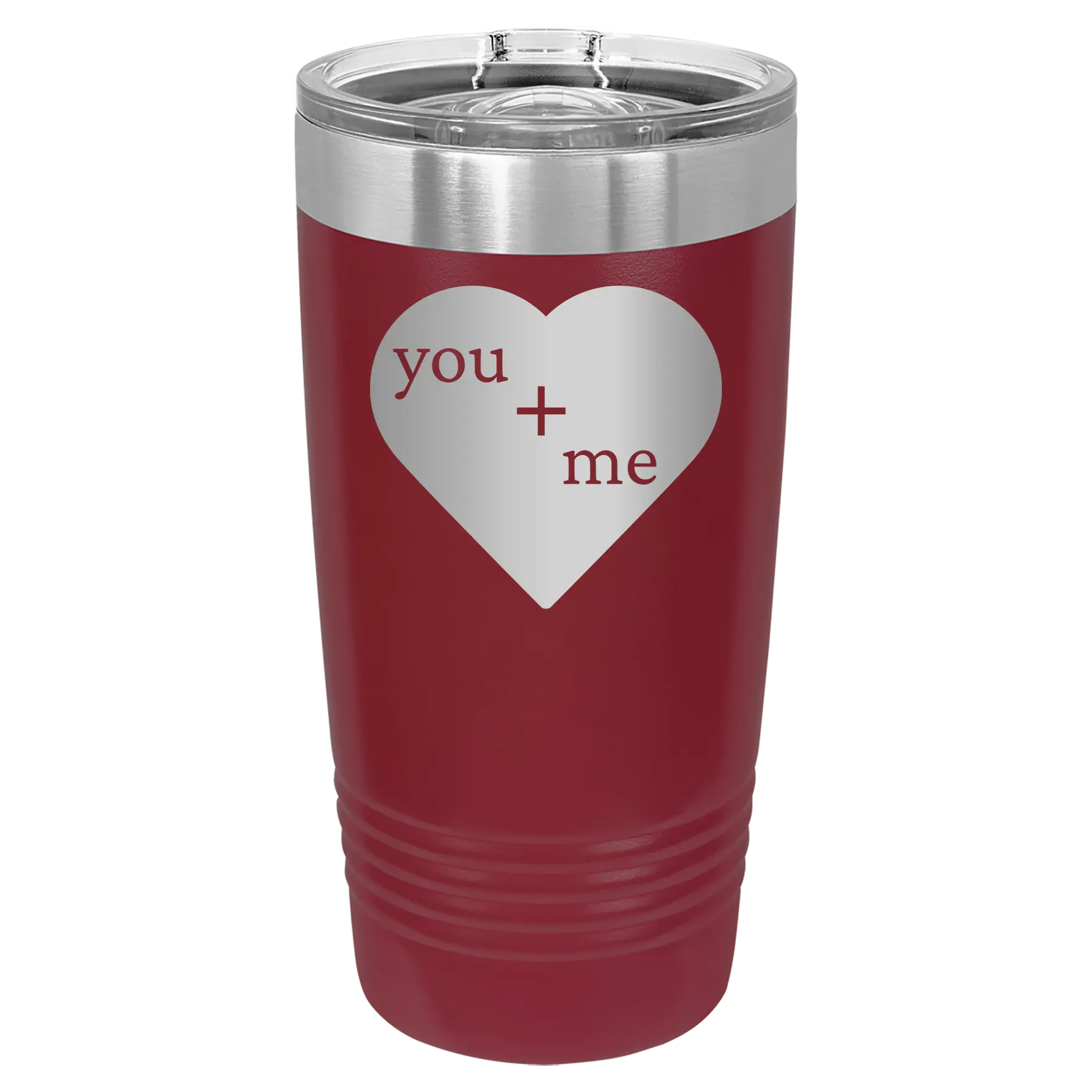 Laser etched maroon 20 oz vacuum insulated tumbler with 'You Plus Me' design