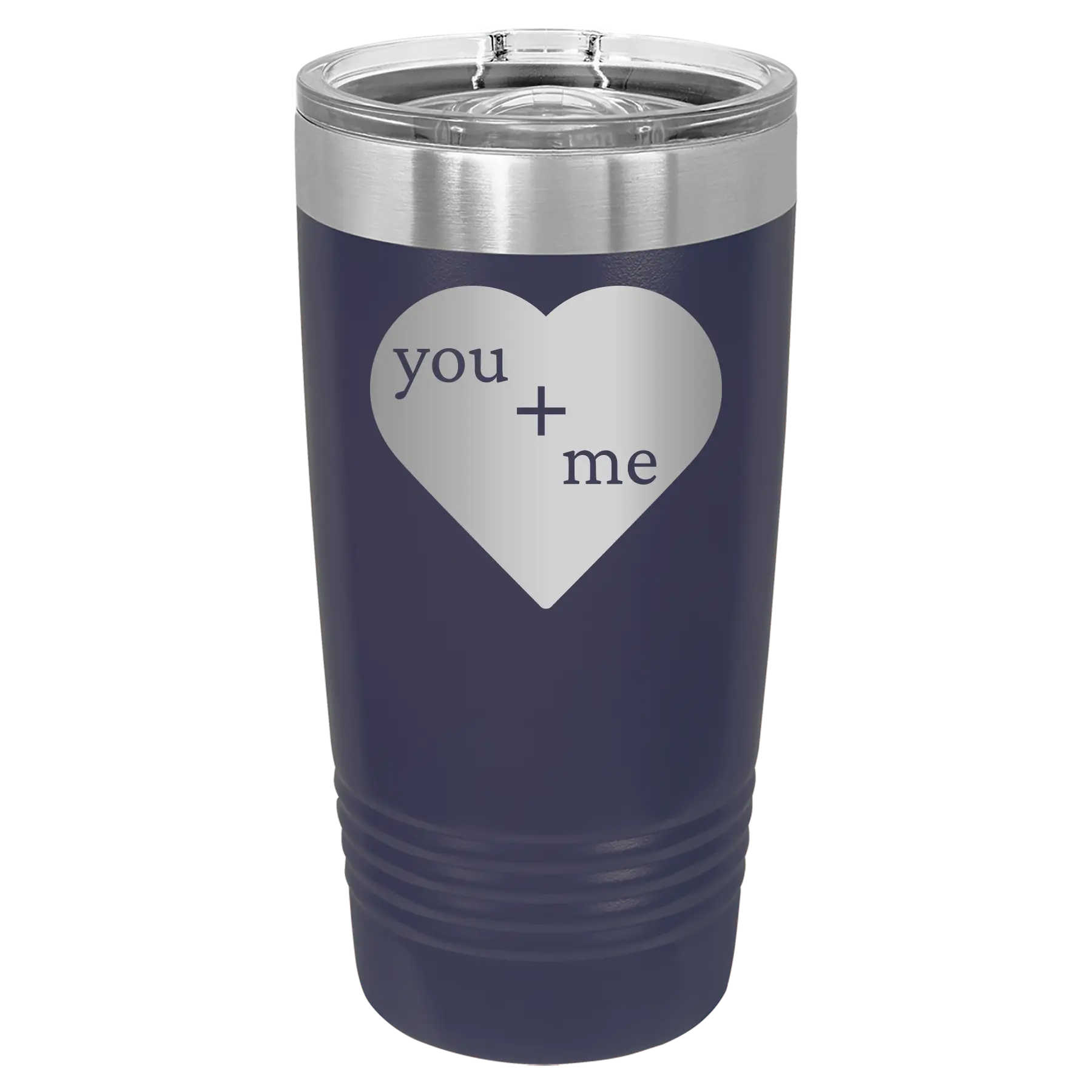 Laser etched navy 20 oz vacuum insulated tumbler with 'You Plus Me' design