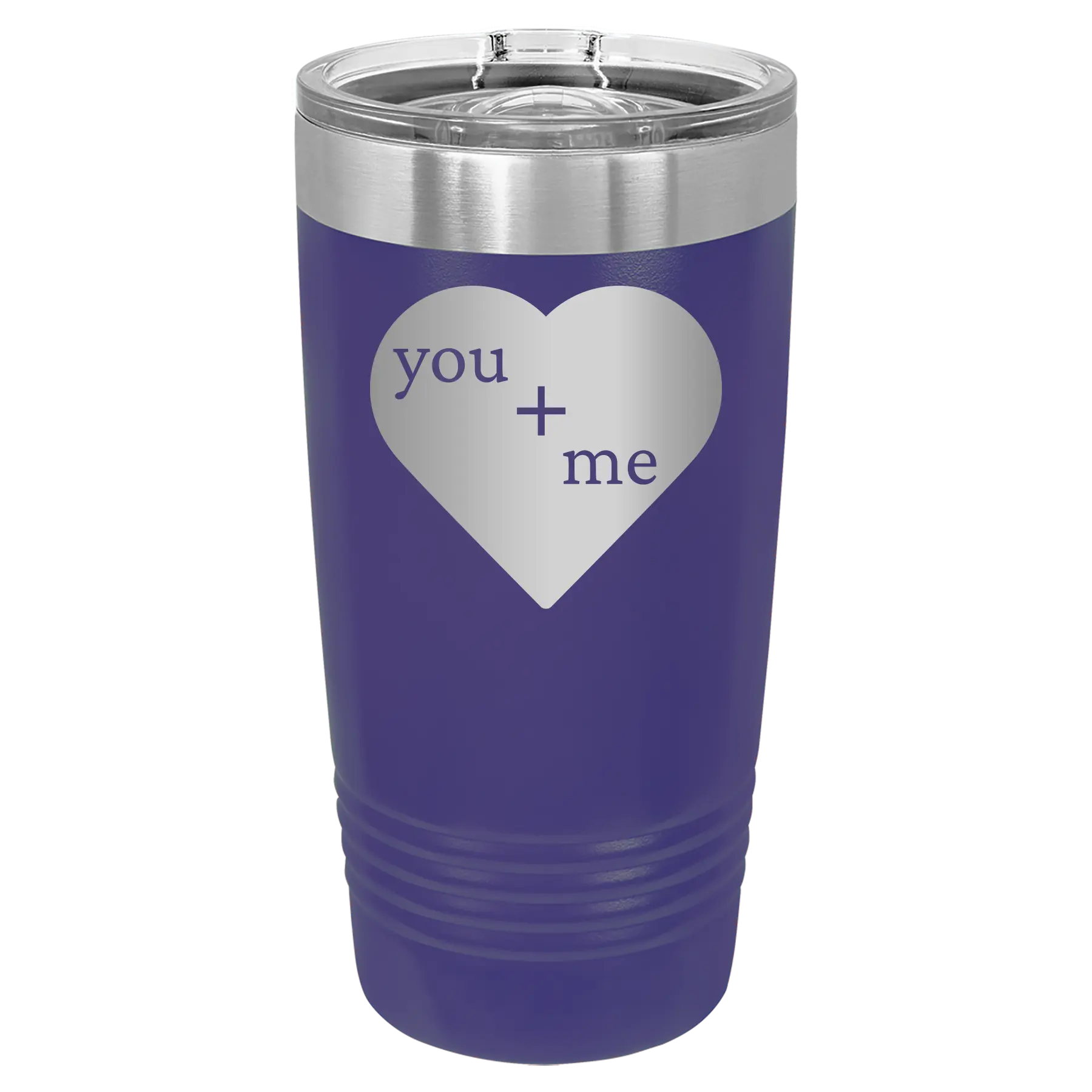 Laser etched purple 20 oz vacuum insulated tumbler with 'You Plus Me' design