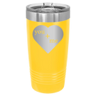 Laser etched yellow 20 oz vacuum insulated tumbler with 'You Plus Me' design