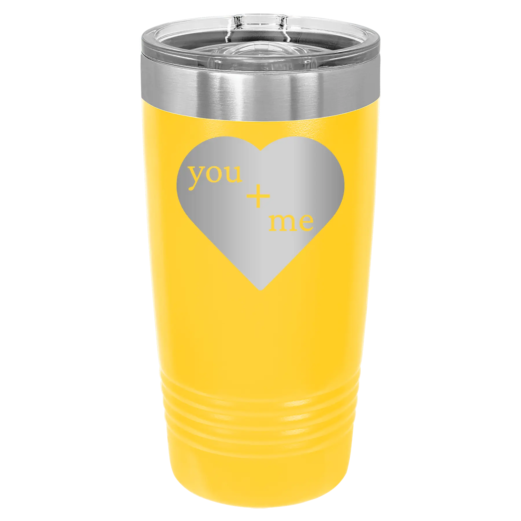 Laser etched yellow 20 oz vacuum insulated tumbler with 'You Plus Me' design